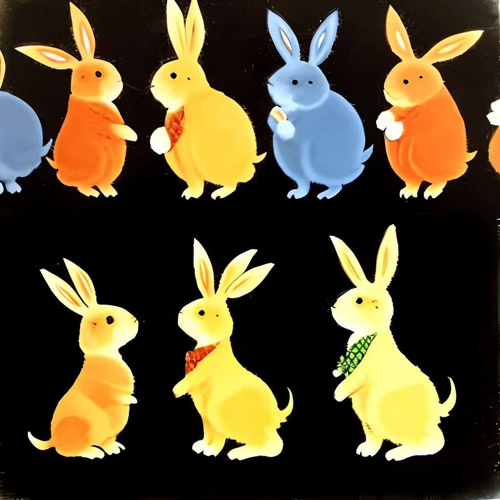 10 cute rabbits dancing，There are golden rabbits，There are silver rabbits，And the blue rabbit，There is also a colorful black background