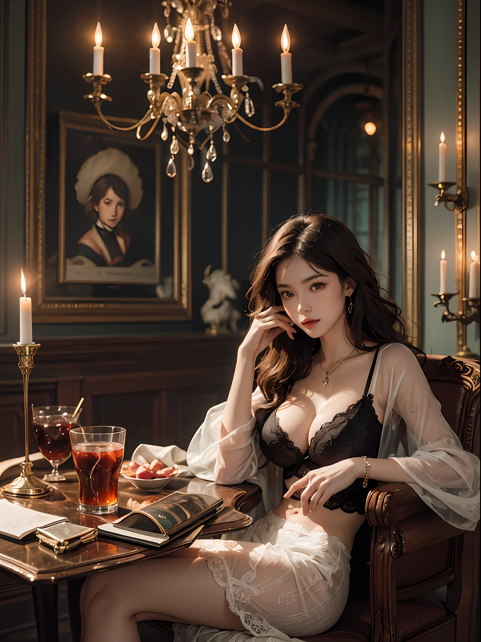 Inside the Baroque style library, 1 european 25 y. o. woman sitting at the table writing a letter, in antique armchair, in front of her different shaped bottles with different colored liquids in it, candlesticks with candles, soft blurry front light, jewels, pendant made of glass, perfect face, rule of thirds, realistic eyes, extra long wavy brown hair, highly detailed hair, on one hand only four fingers + one thumb, proportionate physique, elegant antique environment, in the background columns and statues made of glass, in18th century Baroque style darkened room, antique furnitures, draperies, bokeh, glow, reflections, soft light rays, neutral colors, insanely intricate details, amazing fine detail, photorealistic, hyperrealistic, lifelike texture, dynamic composition, contrast lighting, cinematic lighting, filmstill, sharp focus, wide angle, ((great depth of field)), raw photo, photon metering, dslr, 8k, ultra high res, hyper detailed, Award - winning photograph, Masterpiece, photography with Hasselblad, f5.6 lens 500mm, Kodak Portra 400 4x5, beautiful princess，perfect face, beautiful face, perfect female body, extra long wavy brown hair, highly detailed hair，green eyes，mature female，crown，sexy red lace gossamer cloak，sexy red lace gossamer coat，sexy red lace gossamer shawl，sexy red gossamer skirt，sexy red lace underwear，sexy red lace thong，red lace gloves，sexy stockings，necklace，earrings，jewels，jewelry，head ornaments，hands ornaments，legs ornaments，high heels，huge breasts，large breasts，big boob，Burst breasts，Big breasts，Plump breasts，Expose breasts，uncovered breasts，Narrow waist，Bare ass，big ass，bare belly，bare navel，wet，wet body，sweating body，shiny skin，pubic hair，