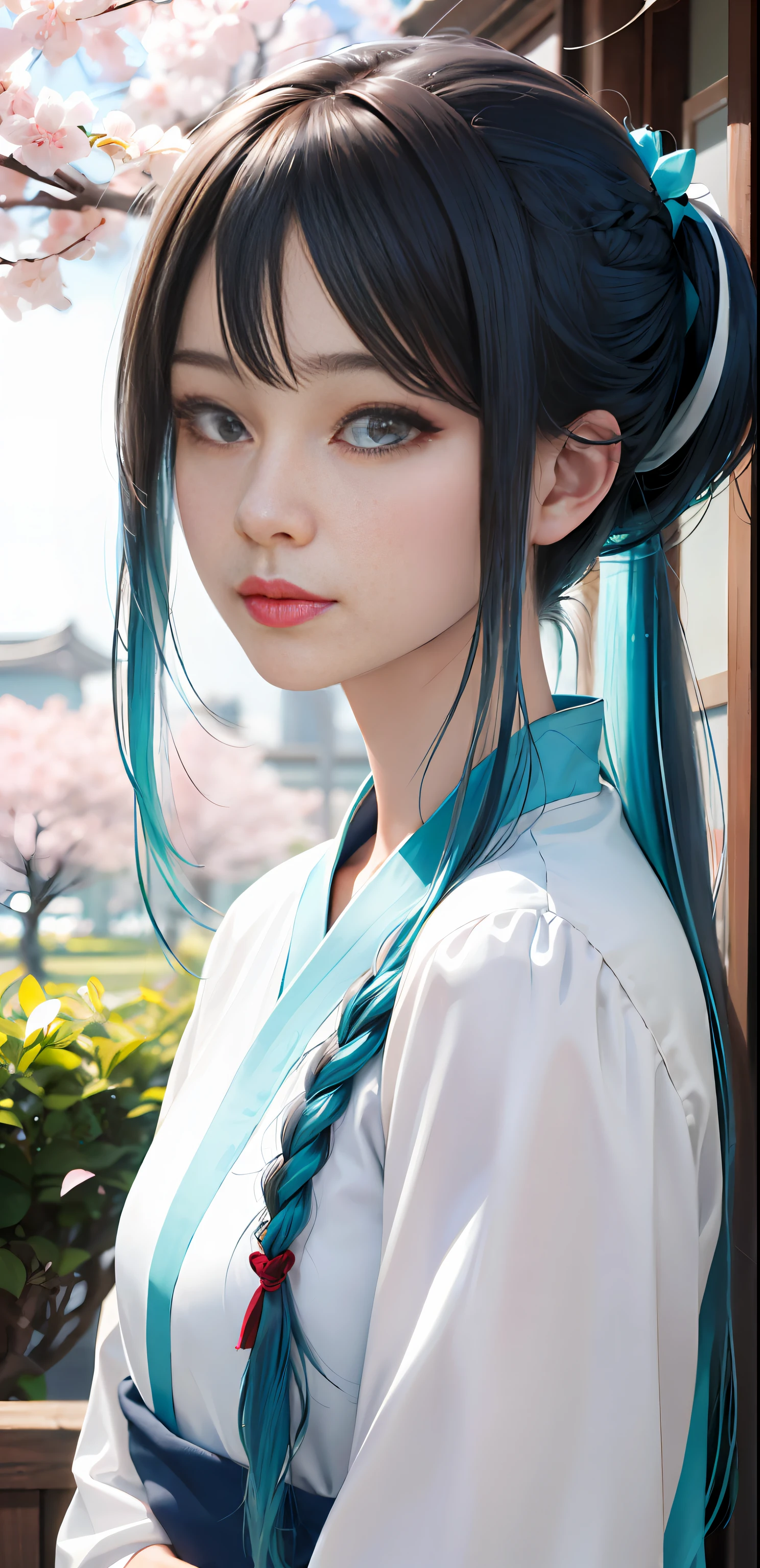(masterpiece, sidelighting, finely detailed beautiful eyes: 1.2), masterpiece*portrait, realistic, 3d face, glowing eyes, shiny hair, lustrous skin, solo, embarassed,(photorealistic:1.4),
1girl,solo,blue eyes,braid, bangs ,long hair,blue hair,aqua hair,green hair, beautiful eyeshadow, eyeliner,beautiful makeup,zentangle,Tyndall effect,
best quality,ultra high res,1girl,solo,upper body,sunlight,cherry blossoms,east asian architecture, tsurime,expressionless,closed mouth, white hair,side ponytail,hanfu,