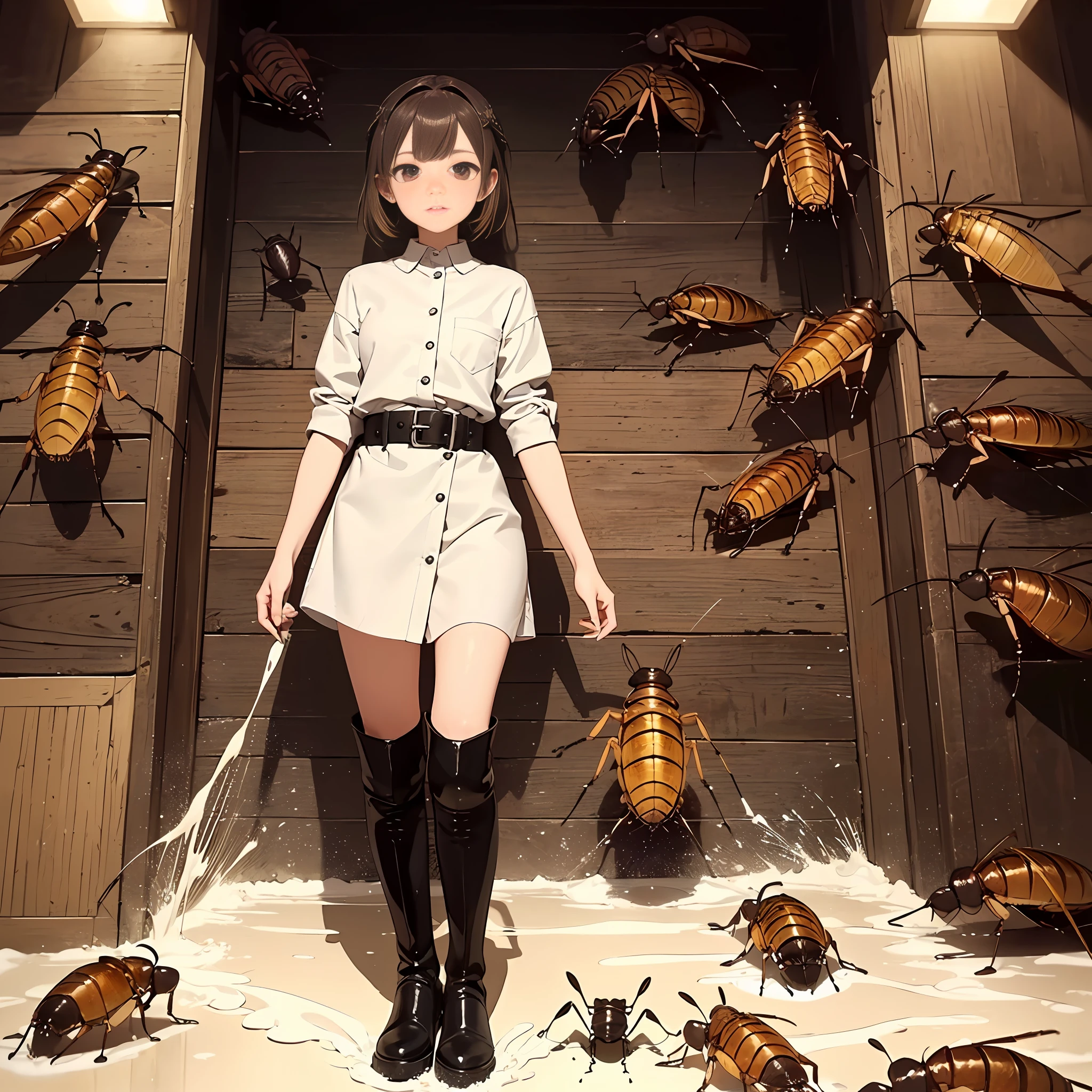 (High-quality depiction+Detailed description)、(rubber riding boots+rubber+get dirty)、(trample+majority+cockroach)、(Small cockroaches+Mass scattering)、(Internal organs of cockroaches+Yellowed liquid+Splashing)、(Beautiful girl stomping+bionde+sulking)、(trample+Small cockroaches)