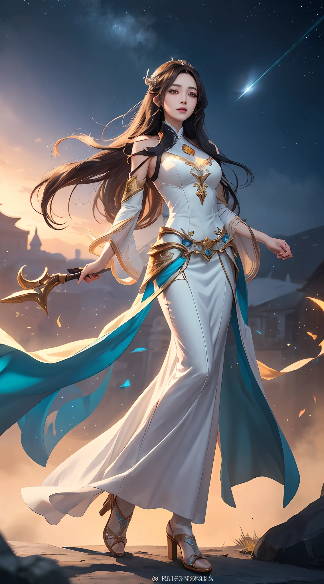 anime - style image of a woman in a white dress with long hair, full body xianxia, goddess. extremely high detail, trending on cgstation, irelia from league of legends, beautiful celestial mage, 8k high quality detailed art, irelia, astral witch clothes, highly detailed exquisite fanart, smooth anime cg art, extremely detailed goddess shot