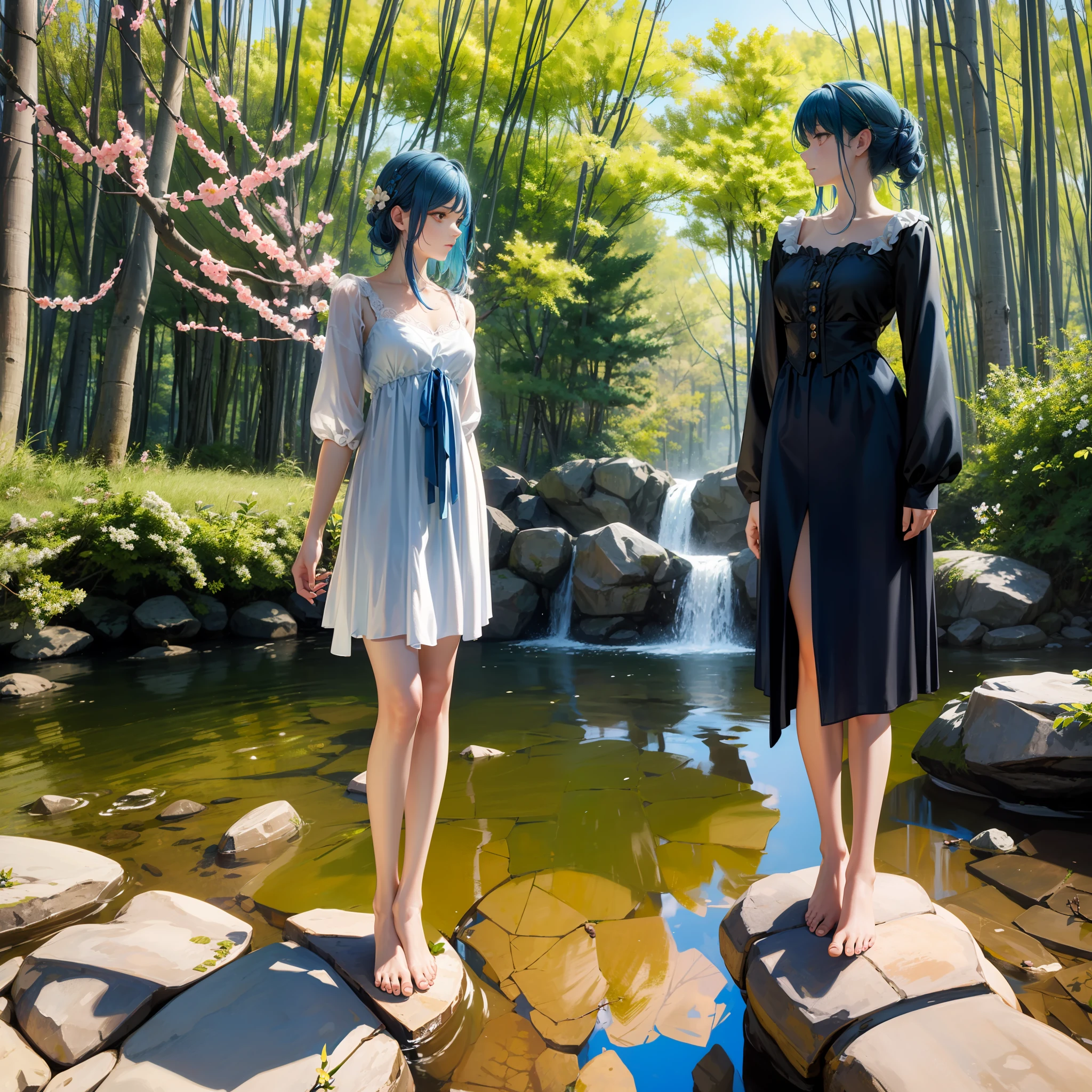 Has blue hair,Ancient wind,Perfect proportions for the whole body, A beautiful woman in period costume,A pair of slender legs, Barefoot,Standing in the peach blossom forest, Streams are flowing water
