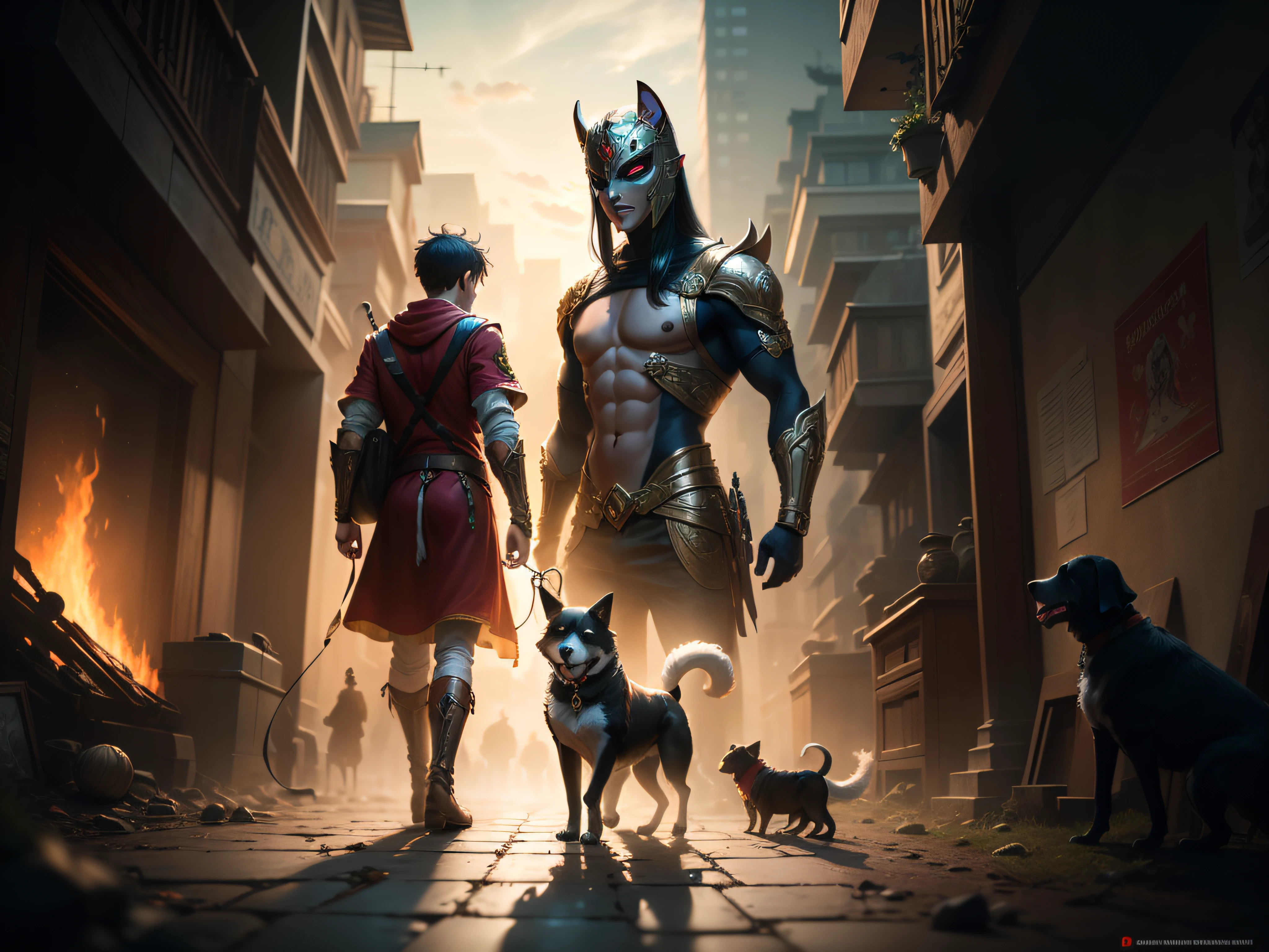 A boy wears an evil god mask,Leading a dog,Posters from the mythical era