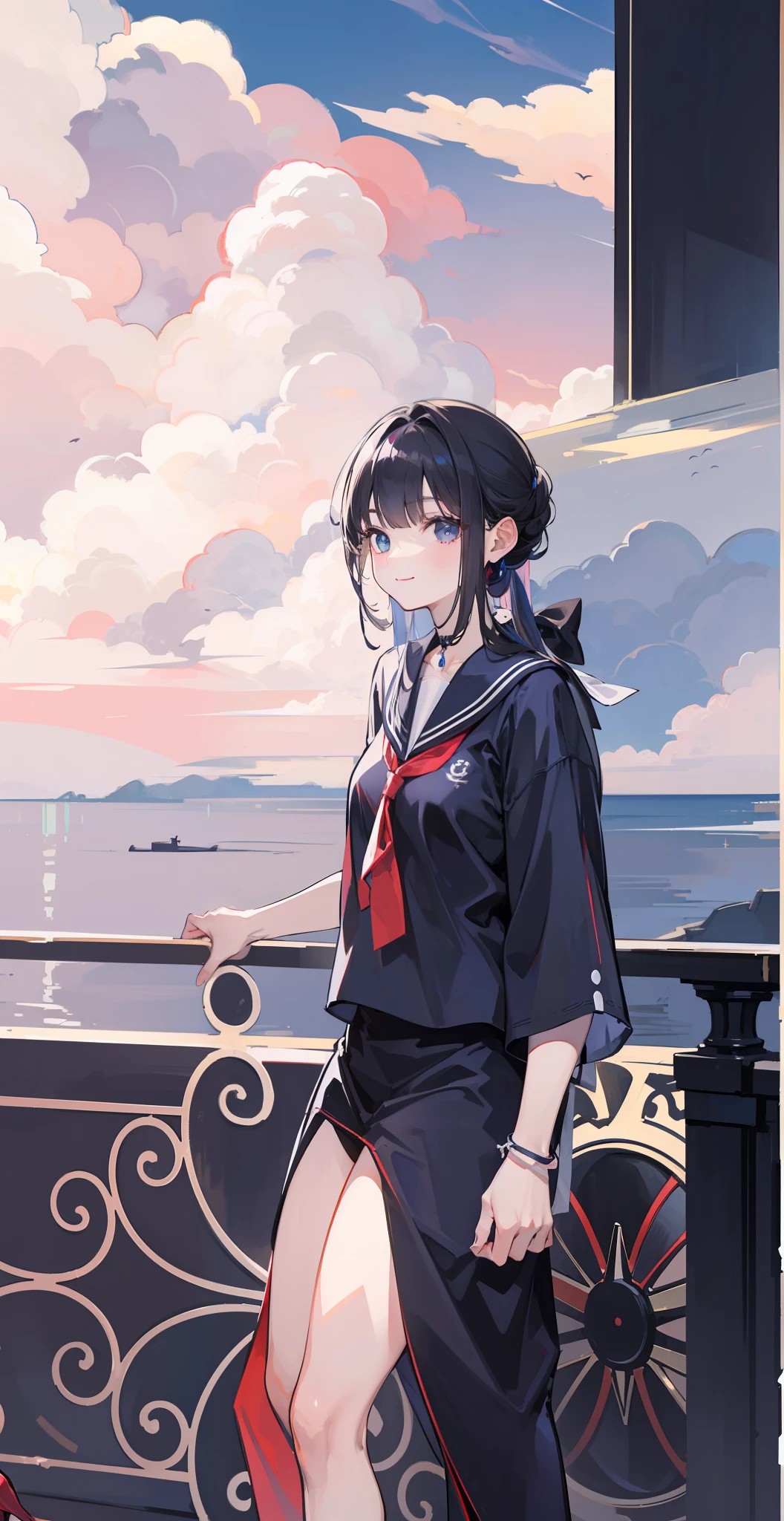 "(high high quality,8K:1.3), Sharp focus:1.2, The face and skin texture is very detailed, The eyes are delicate, 二重まぶた, Big eyes and smile.a sailor suit,high-heels,A plump chest"