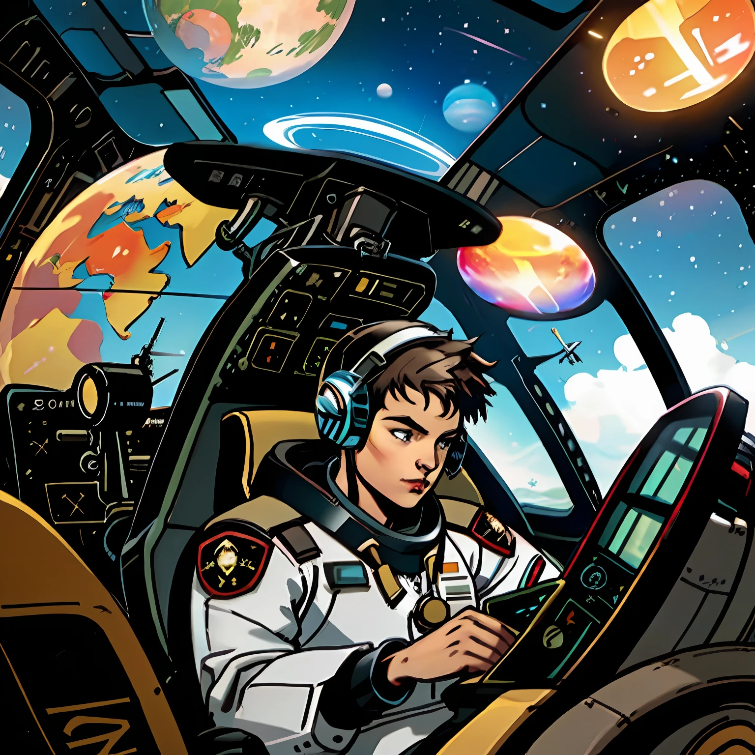 A pilot sits in the cockpit,Outside the window is the universe and colorful planets,Fine gauges in the cockpit。