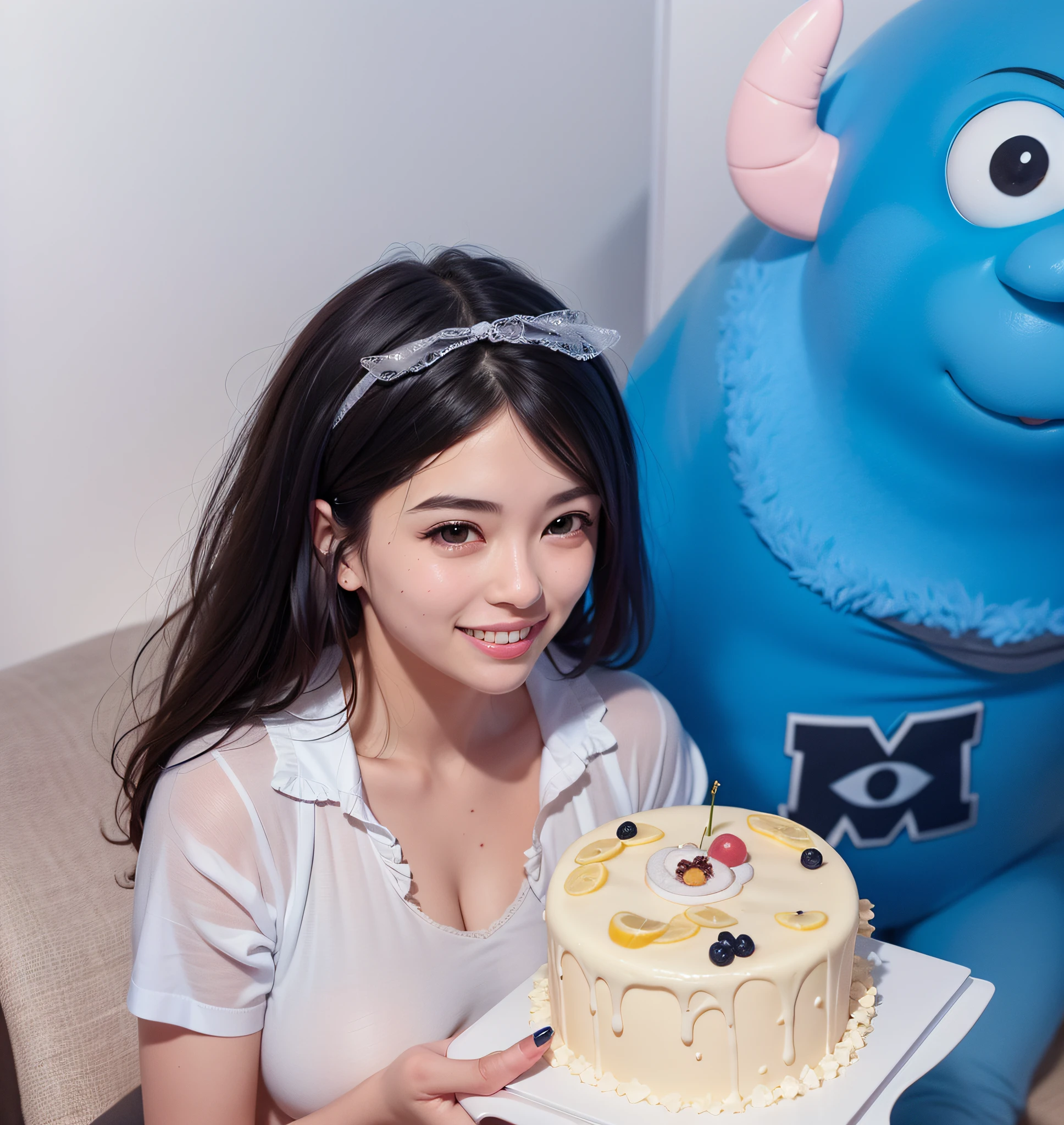 Woman with cake，There is a blue monster behind him, Holding a birthday cake, Cake in hand, happy birthay, taken with canon eos 5 d mark iv, eating a cake, Cupcakes, 🐿🍸🍋, with blue skin, 🤬 🤮 💕 🎀, taken with sony alpha 9, exclusive, mukbang, taken with canon 8 0 d, Profile image，A pink-haired