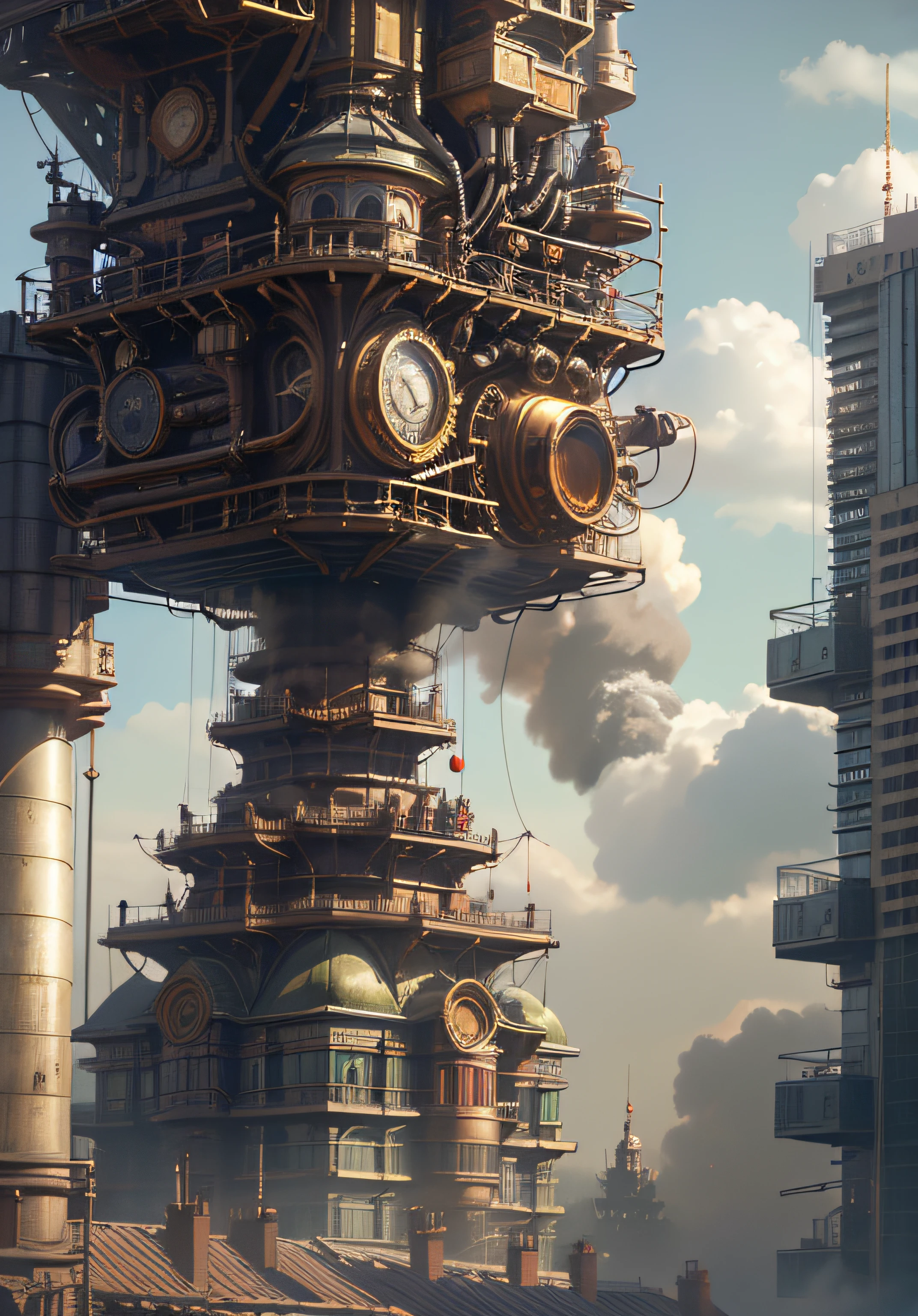 there is a woman with a steam mask on her head, Portrait of a mechanical woman, Arte digital 4K realista, Arte digital 4K realista, Wojtek FUS, Arte digital altamente detalhada em 4k, Cyber Steampunk 8K 3D, arte steampunk digital, Arte digital realista 8k, Arte digital detalhada em 4k, Arte cyberpunk 8K ultrarrealista, arte conceitual ultra realista, master part, melhor qualidade, fotorrealista, melhor sombra, delicado, .RAW, ultra high-resolution, Arte hiper-realista, gallery-grade work, Arte Oficial, wallpaper forced,64 mil, ultra precise, visualmente impressionante, Obra-prima sublime, peak clarity, 1 enorme cidade Steampunk, High-rise buildings covered by behemoth-like mechanical devices, show a scene of sharp contrast, Uma camada de nuvens subindo desordenadamente sobre a cidade, Huge steampunk buildings, The surface is covered with complex gears and mechanical devices, (eyesight,full view,corpo inteiro:1.2), (Nas paredes da cidade Steampunk, 1 soldiers in strong mechanical armor, Handheld Steam Gun, Guard the safety of the city:1.2), Steampunk, dirigible, Steam robot, not sexy