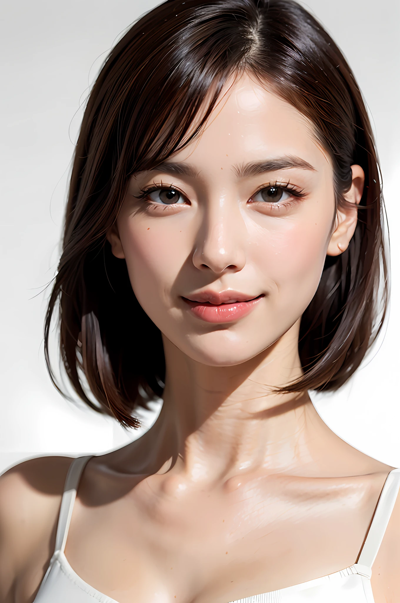 (realisitic、Photorealsitic:1.37)、(8K、Raw photography、top-quality、​masterpiece:1.2)、cute little、ultra-detailliert、Heart-shaped pupil、physically-based renderingt、超A high resolution、Kodak Vision Color、Captured with an Arricam LT camera、bokeh dof、foco nítido、Look at viewers、Photorealsitic、realisitic、独奏、Photorealsitic、top-quality、extra detailed face、extremely detailed eye and face、beatiful detailed eyes、absurderes、incredibly absurdness、hair messy、Floating hair、short clean hair with bangs、Put your ears out、clean and long neck、Clean collarbone、glowy skin、Distinct double eyelids、Lashes、((Immaculate white background with nothing really、Close-up of the face))、Close your mouth and smile a little、White-colored skin、Shadowless、No clothes