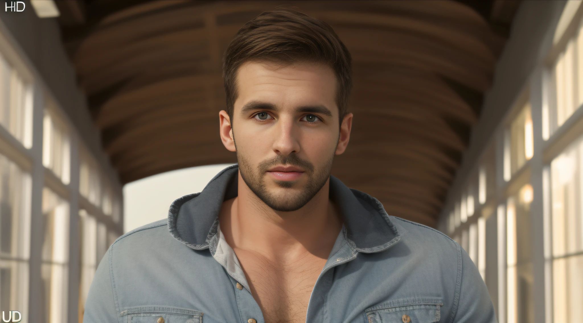 A 30-year-old man from Ukraine, masculino, barbado, modelo, corpo inteiro, muito bonito, looking-into-camera, imagem detalhada, UHD, 8k, bem iluminado, grain of film