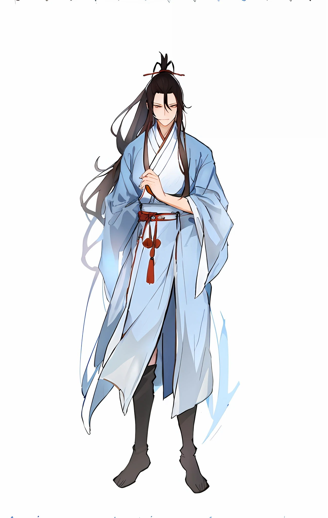 Anime characters with long hair and blue robes holding a fan, flowing hair and long robes, full-body wuxia, inspired by Wu Daozi, Inspired by Cao Zhibai,  wearing a long flowing robe, Inspired by Seki Dosheng, Wears a robe with a moire pattern，brunette color hair，Wearing black boots，Holding a folding fan，The robe has a white pattern