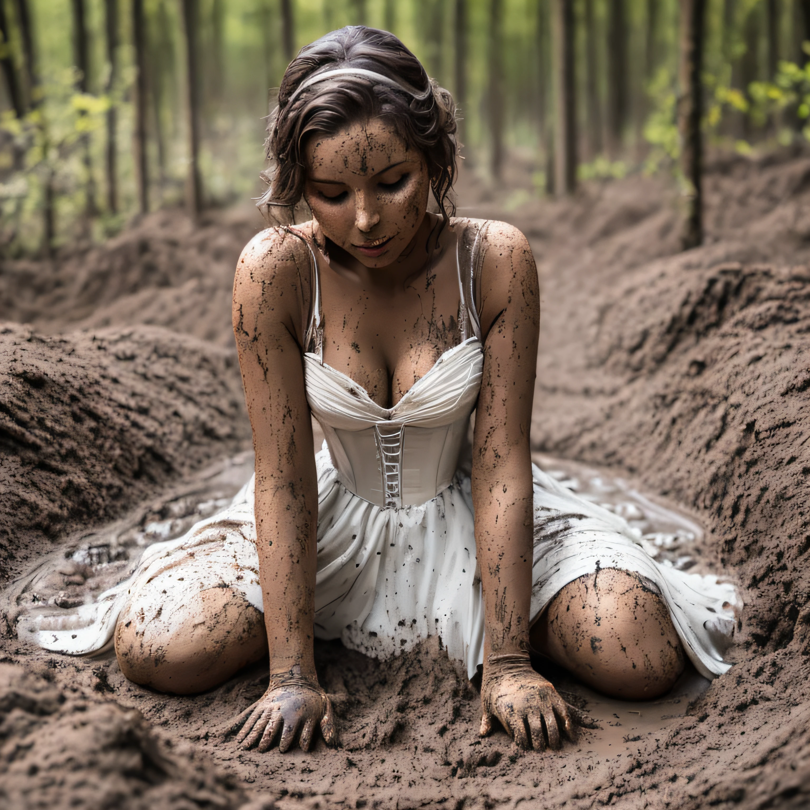 Hyperrealistische Fotografie, 2 Frauen stehen im Schlamm, Schlammspritzer im Gesicht, die Gesichter sind mit Schlamm verschmiert,  30-year-old women smeared with mud, Lena Meyer Landrut, long white gloves satin smeared with mud, short white prom gown smeared with mud White with Swarovski jewelry smeared with mud, Perlenkette mit Schlamm verschmiert, underbust corset weiß smeared with mud, ruffles, pointy pumps white high heels smeared with mud, Fishnet tights white smeared with mud, the entire body, schwarze lockige Haare mit Schlamm verschmiert, die Kleidung ist mit Schlamm verschmiert, High quality, realistische Beleuchtung, Bildmitte, Sanduhrproportionen, 8K, HDR, BDSM, medium breast size, lange Beine, professionelle Fotografie einer Frau, natural skin texture smeared with a lot of mud, 4K-Texturen, Adobe Lightroom, Fotolabor, HDR, kompliziert, elegant, sehr detailliert, scharfer Fokus, wahnsinnige Details, komplizierte Details, hyperdetailliert, Helles Kinolicht, Außenatmosphäre, Kinn hochgezogen, (exponierter Bauch: 1,8 ), (Fernaufnahme), dominanter Gesichtsausdruck