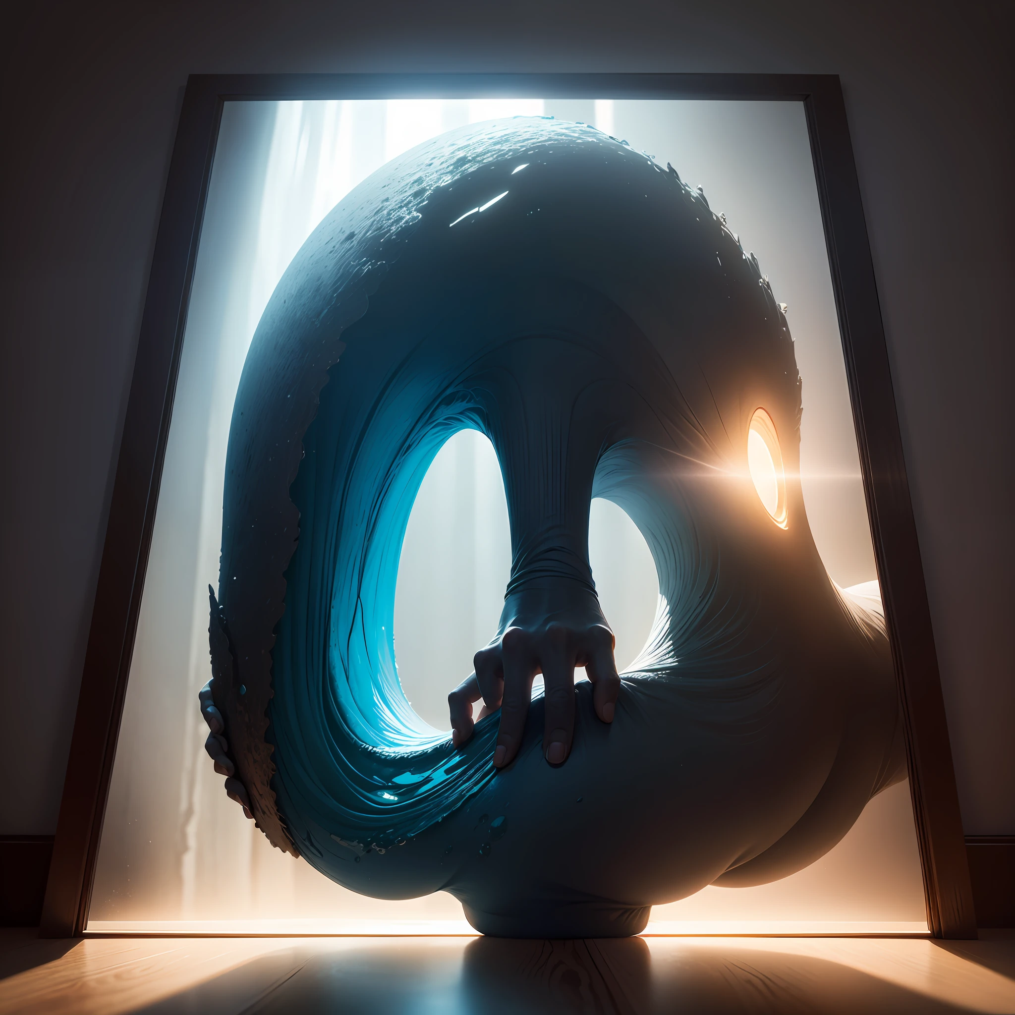 um portal em forma de espelho, um espelho d'agua, a hand coming out of the mirror, um cenario sombrio com cores dramaticas, Cinematic Luminão, uma leve camada de neblina envolven o ambiente, chiaroscuro, glowing light, god rays, ray tracing, reflection light, backlighting, optical illusion, vignetting, Surrealism, Minimalism, Gothic art, Expressionism, Luminism, Abstract expressionism, Impressionism, Hyperrealism, Suprematism, UHD, retina, masterpiece, textured skin, anatomically correct, award winning, 4K