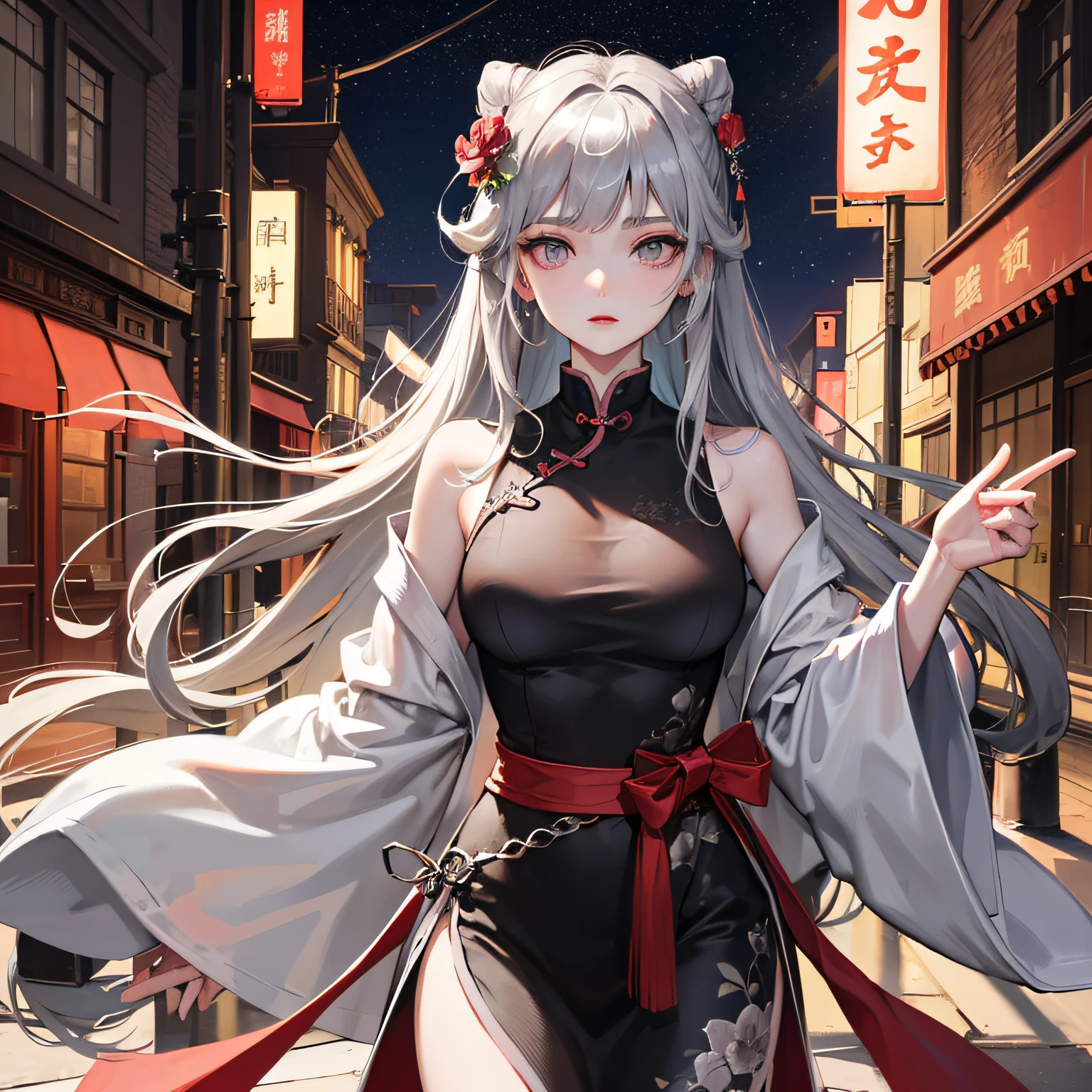 Masterpiece, Best, Night, Full Moon, 1 Female, Mature Woman, Chinese Style, Ancient China, Elder Sister, Royal Sister, Cold Face, Expressionless, Silver White Long Haired Woman, Pale Pink Lips, Calm, Intellectual, Three Belts, Gray Hitomi, assassin, dagger, flower ball background, street view --auto