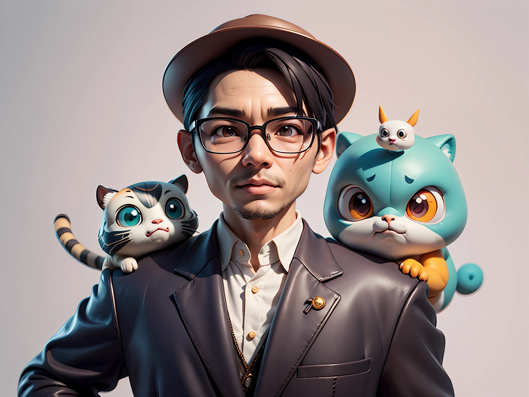 Young man with oriental face in leather hat, tiger, oriental face in formal suit, short black hair, silver glasses, digital painting, 3D character design by Mark Clairedon and Pixar and Hayao Miyazaki and Akira Toriyama, the illustration is a high-definition illustration in 4K resolution with very detailed facial features and cartoon-style visuals.