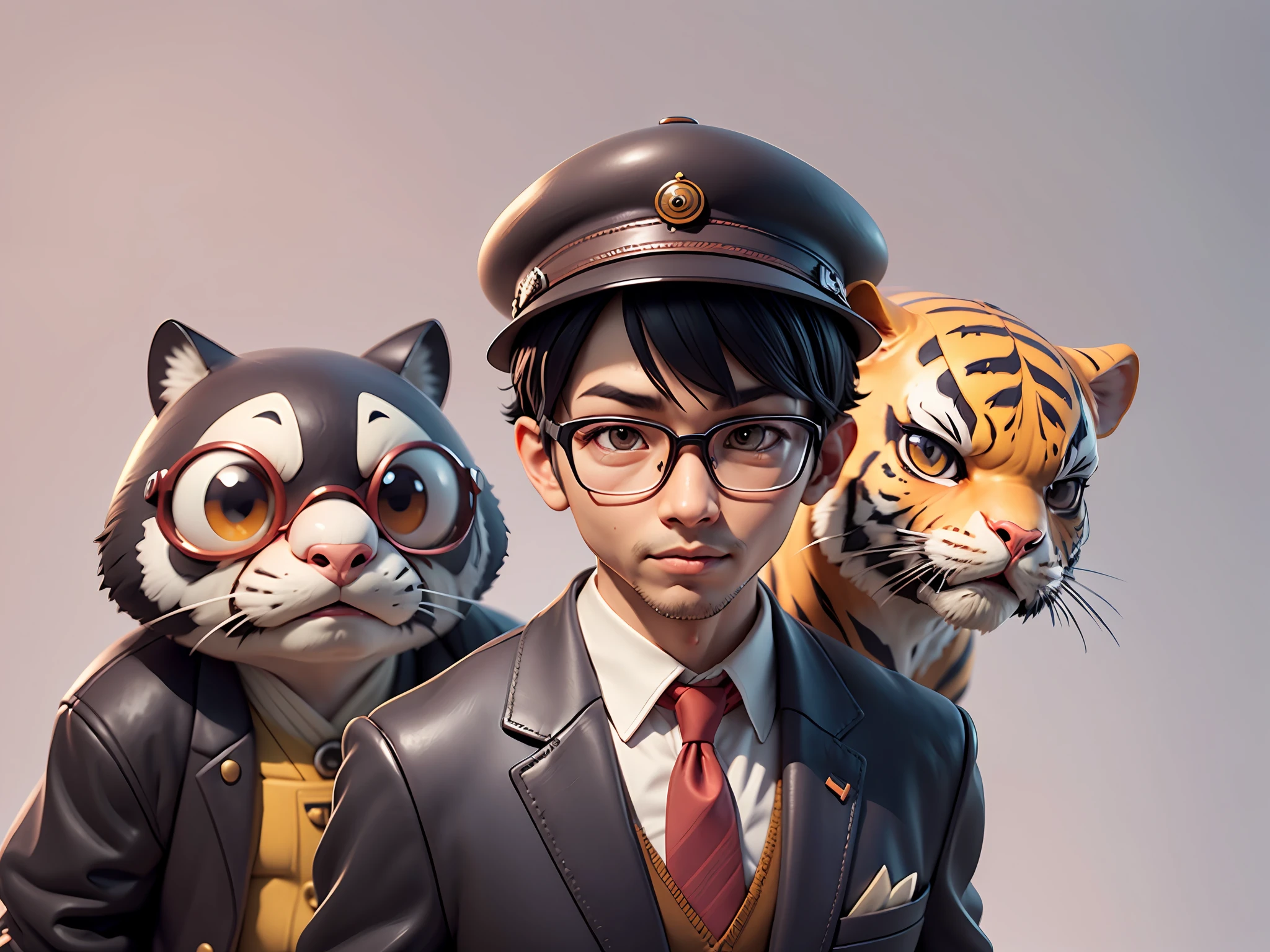 Young man with oriental face in leather hat, tiger, oriental face in formal suit, short black hair, silver glasses, digital painting, 3D character design by Mark Clairedon and Pixar and Hayao Miyazaki and Akira Toriyama, the illustration is a high-definition illustration in 4K resolution with very detailed facial features and cartoon-style visuals.