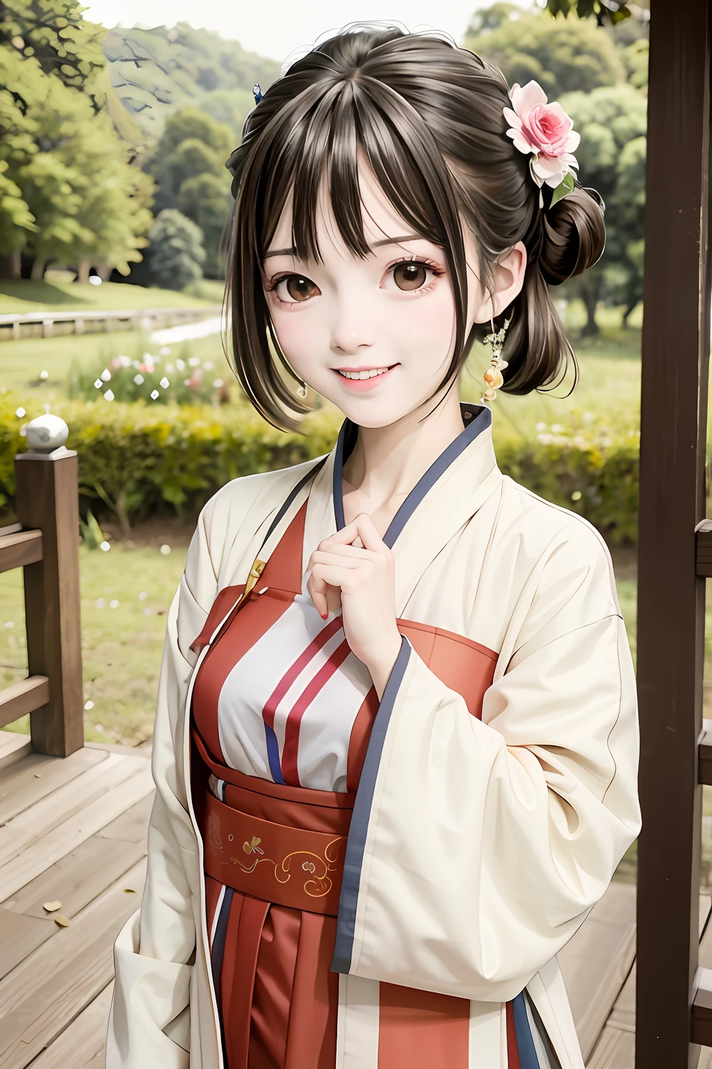 (masterpiece),best quality,good anatomy, shuimobysim,(1 girl:1), (upper body),(smile),short hair,(hanfu),(ecchi0.5), (trees:0.5), (flowers:0.6) ,(wooden house:0.2),(bamboo forest:0.2),(creek:0.2),(river:0.2),