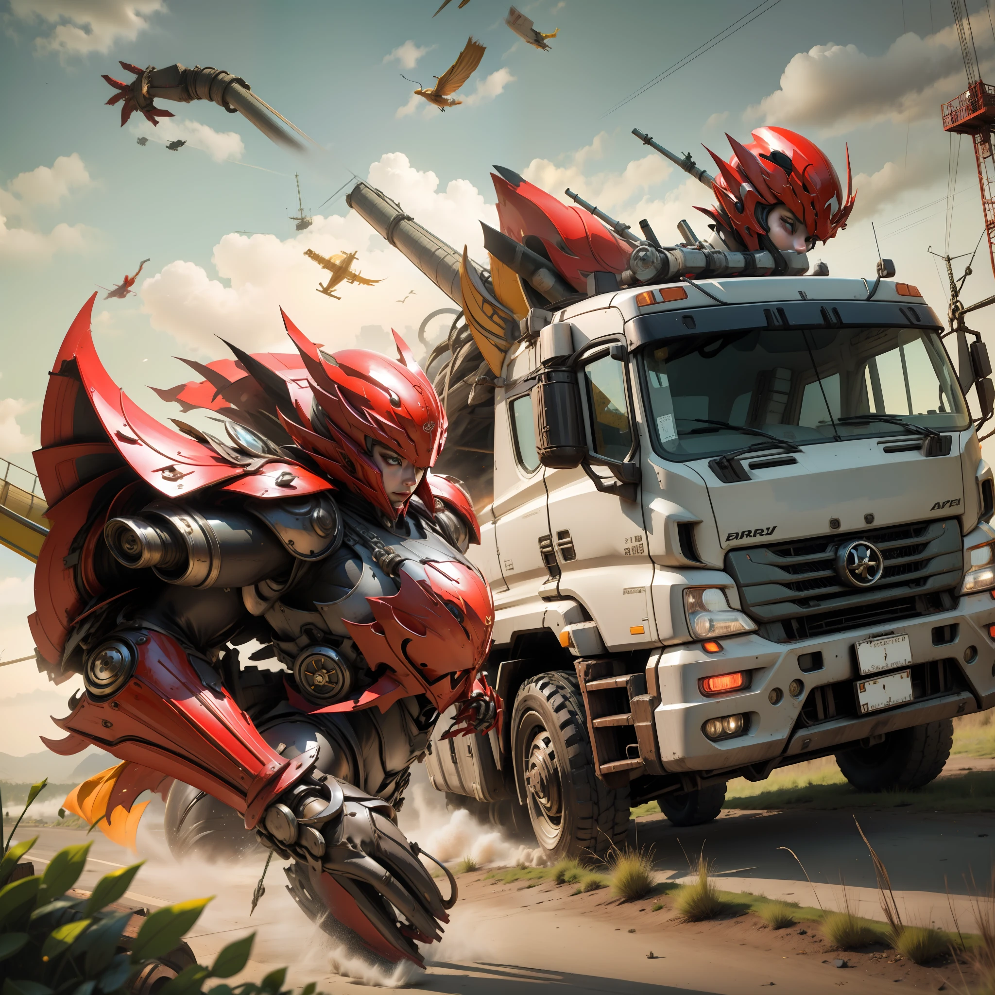 A girl in red armor，Wheel crane，crane，