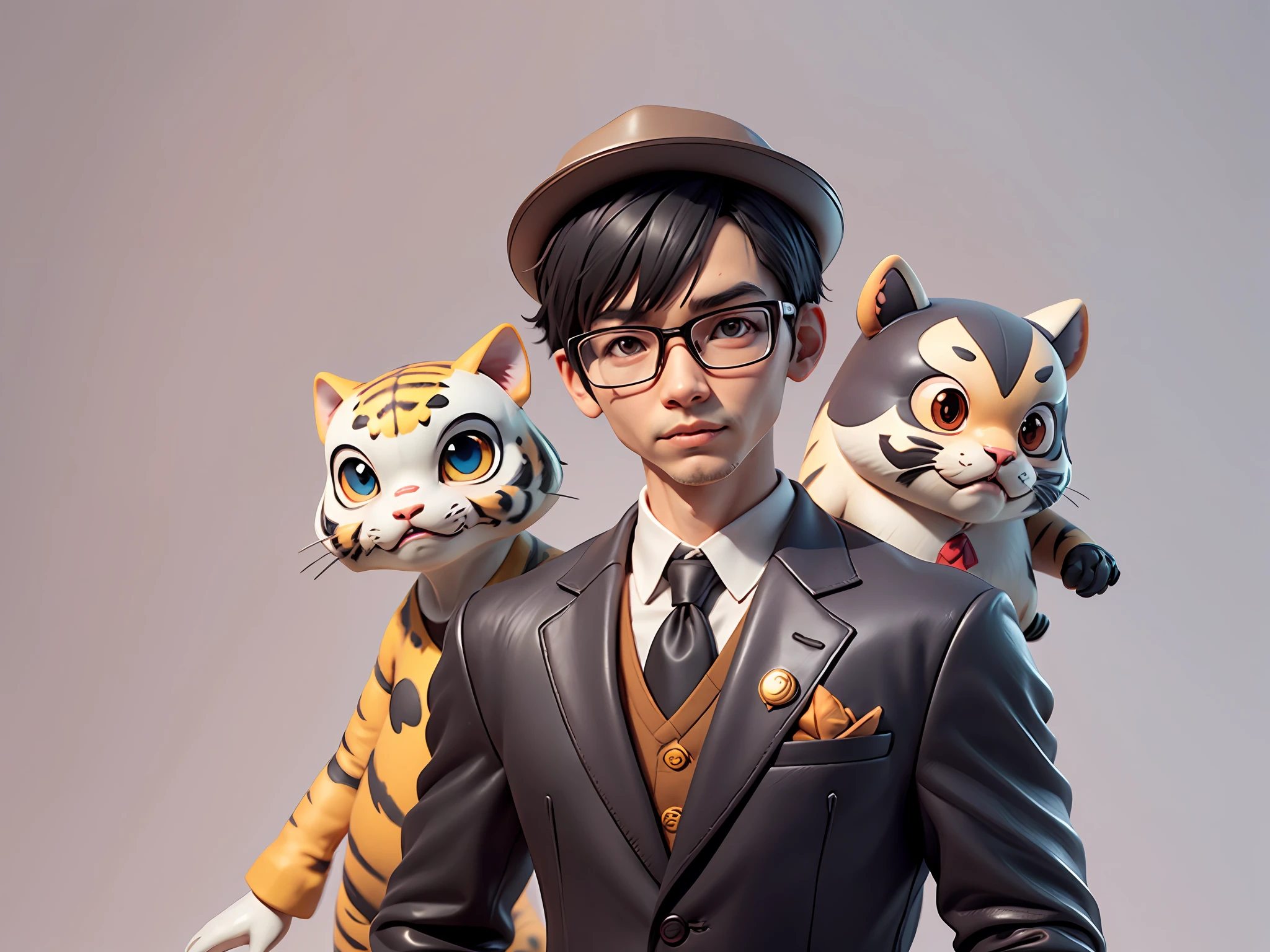Young man with oriental face in leather hat, tiger, oriental face in formal suit, short black hair, silver glasses, digital painting, 3D character design by Mark Clairedon and Pixar and Hayao Miyazaki and Akira Toriyama, the illustration is a high-definition illustration in 4K resolution with very detailed facial features and cartoon-style visuals.