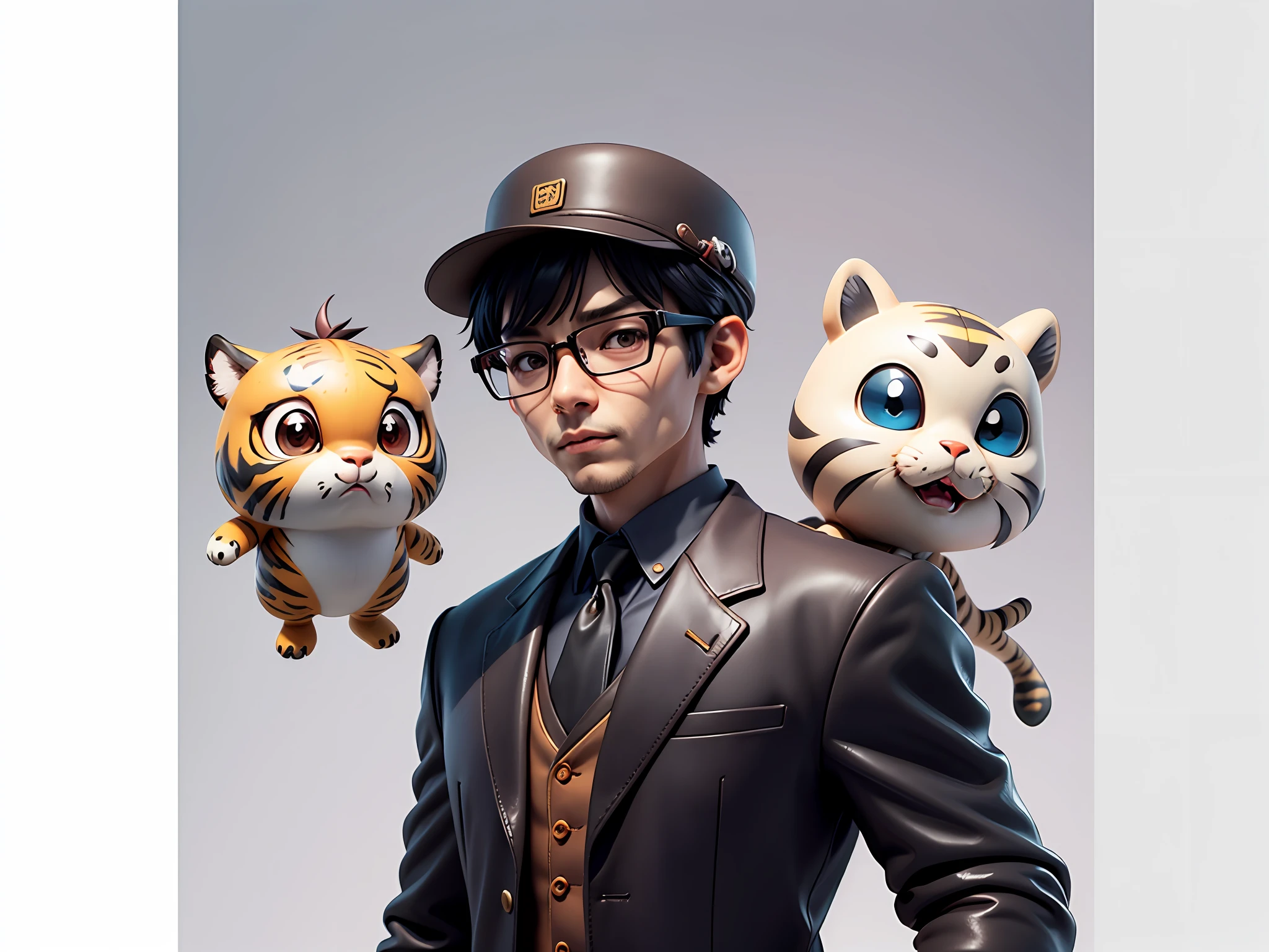 Young man with oriental face in leather hat, tiger, oriental face in formal suit, short black hair, silver glasses, digital painting, 3D character design by Mark Clairedon and Pixar and Hayao Miyazaki and Akira Toriyama, the illustration is a high-definition illustration in 4K resolution with very detailed facial features and cartoon-style visuals.