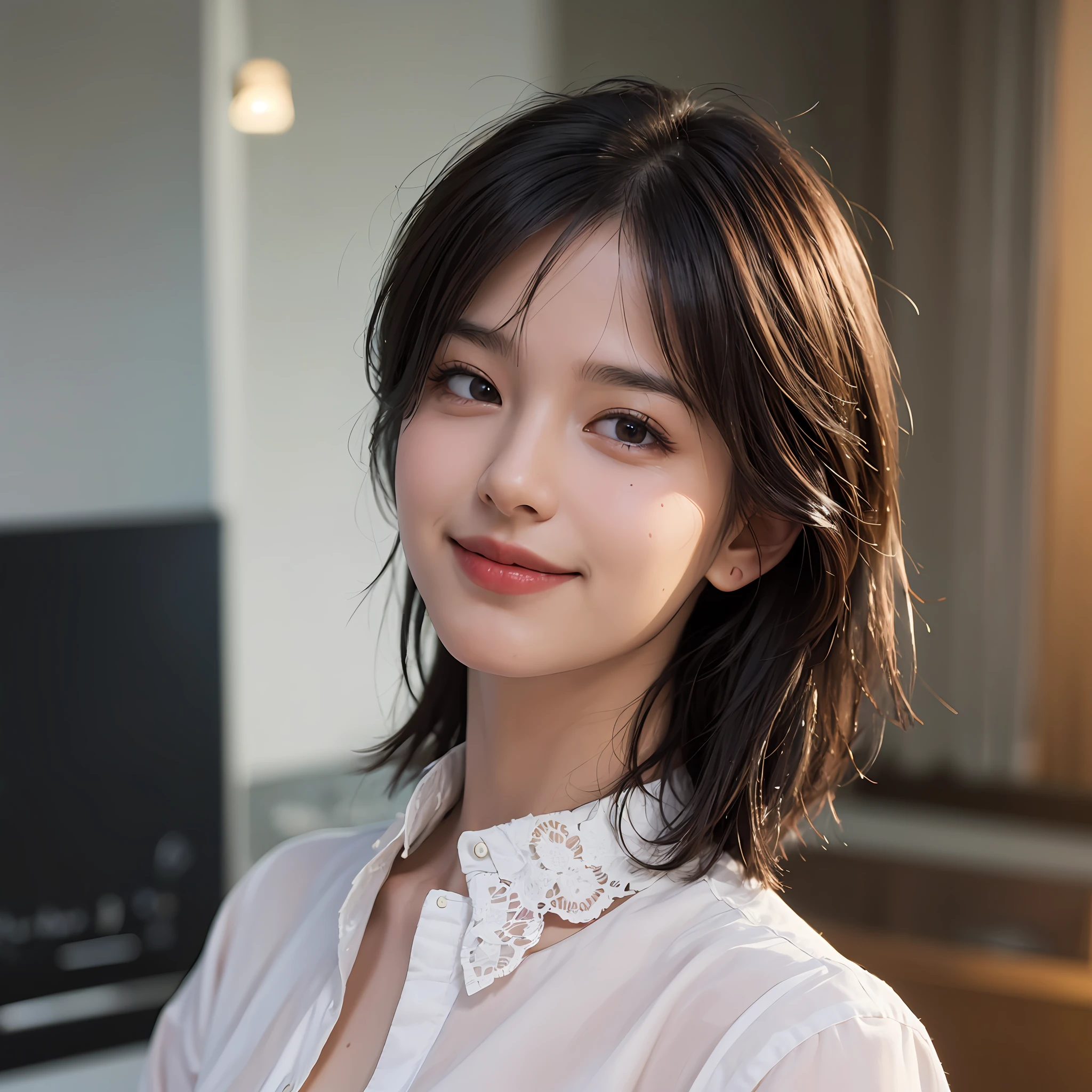 (8k, best quality, masterpiece:1.2), (realistic, photorealistic:1.37), ultra-detailed, 1 girl, cute, solo, beautiful detailed sky, detailed coffee, night, sitting, dating, (blush nose), (smile:1.15), (mouth closed) small breasts, beautiful detailed eyes, (collar shirt:1.1), night, wet, business attire, rain, white lace, (short hair:1.2), floating hair NovaFrogStyle,topless, --auto