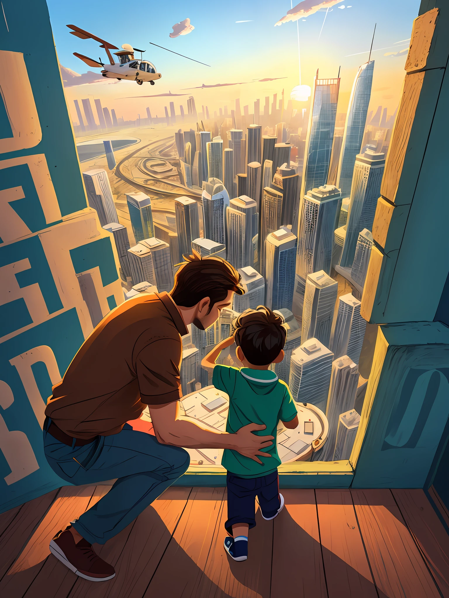 There was a man kneeling in front of a little boy, With a child, looking at the city, overlooking a modern city, sky - high view, father with child, Sky view