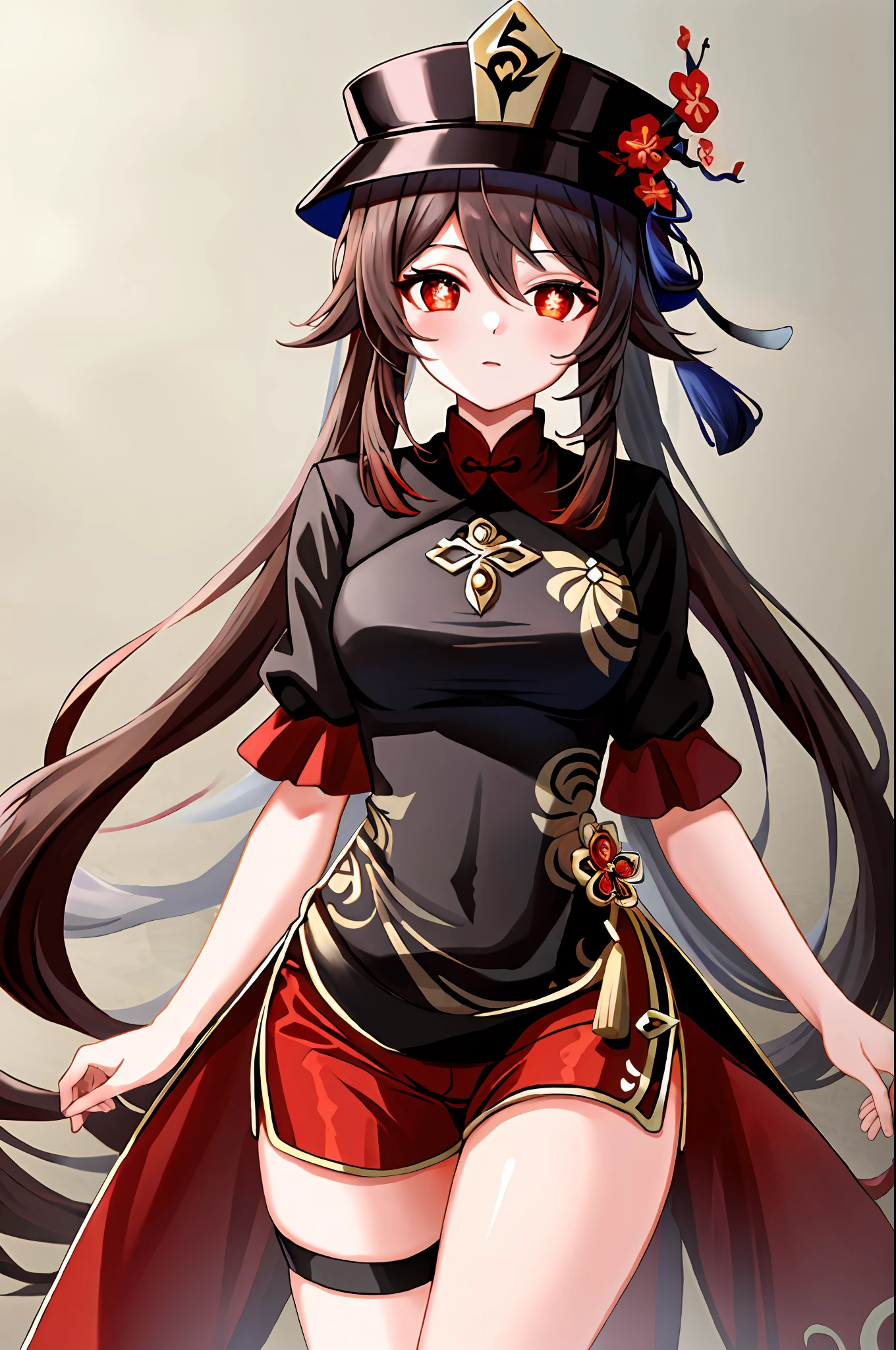 masterpiece, best quality,
1girl, hu tao (genshin impact), hat, red eyes, twintails, brown hair, solo, symbol-shaped pupils, long hair,bangs, official outfit , shorts , china dress,