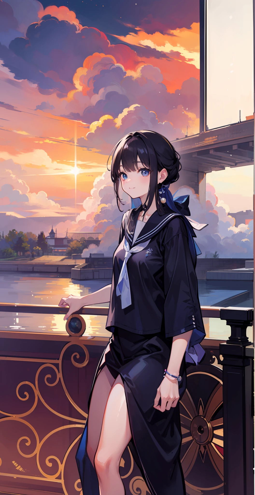 (high high quality,8K:1.3), Focus is clear:1.2, The face and skin texture are detailed, The eyes are delicate, 二重まぶた, Big eyes smiling sailor suit，high-heels，Plump breasts。
