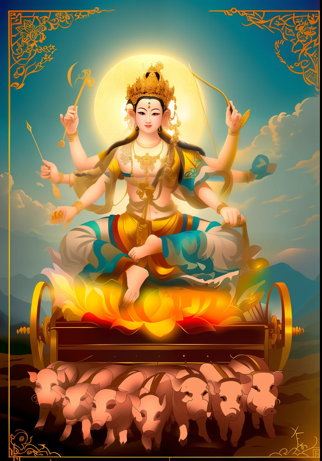 tmasterpiece,Ultra-clear resolution,The beautiful female bodhisattva is three-headed and eight-armed,Sitting on a lotus on a golden cart,A total of eight hands hold various magic weapons,The ones on the right-hand side are;axe、arrow、stitches,The left hand holds the same;the bow、Cord、ligne,Bodhisattvas have fair skin,Wearing a golden crown,Bundle hair blonde,jewelry,Yingluo,Light blue dress,There are seven small golden pigs pulling carts side by side in front,The bodhisattva has a round light behind his head,Blue sky in the background,The characters come to life,Positive light,The light is uniform and bright,The characters are bright and natural,outstanding illustration,