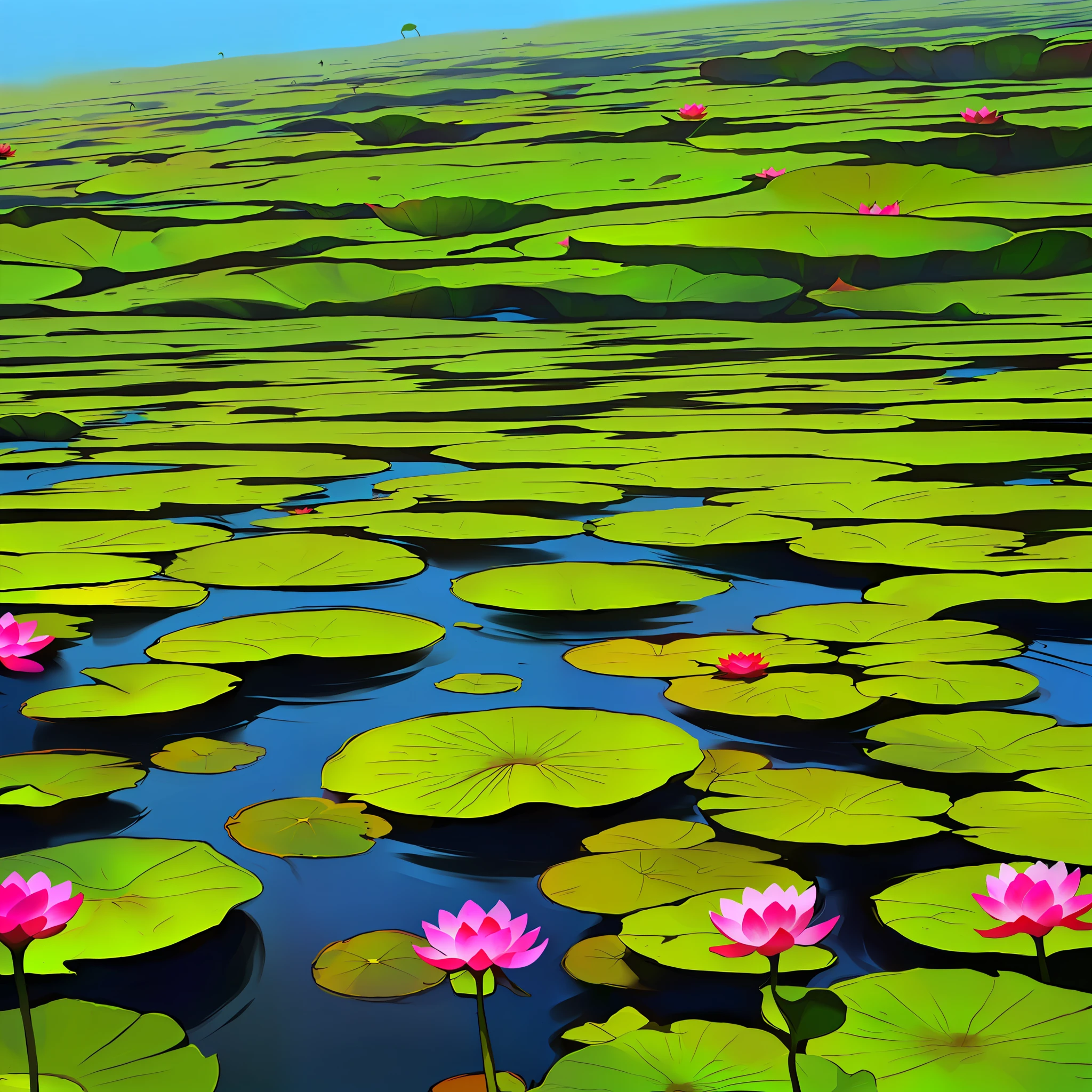 Photo of crystal clear lotus pond,Frontal view ,blue-sky,Warm sun,lotuses,Lotus leaf,Lotus,Flocks of black swans, --auto