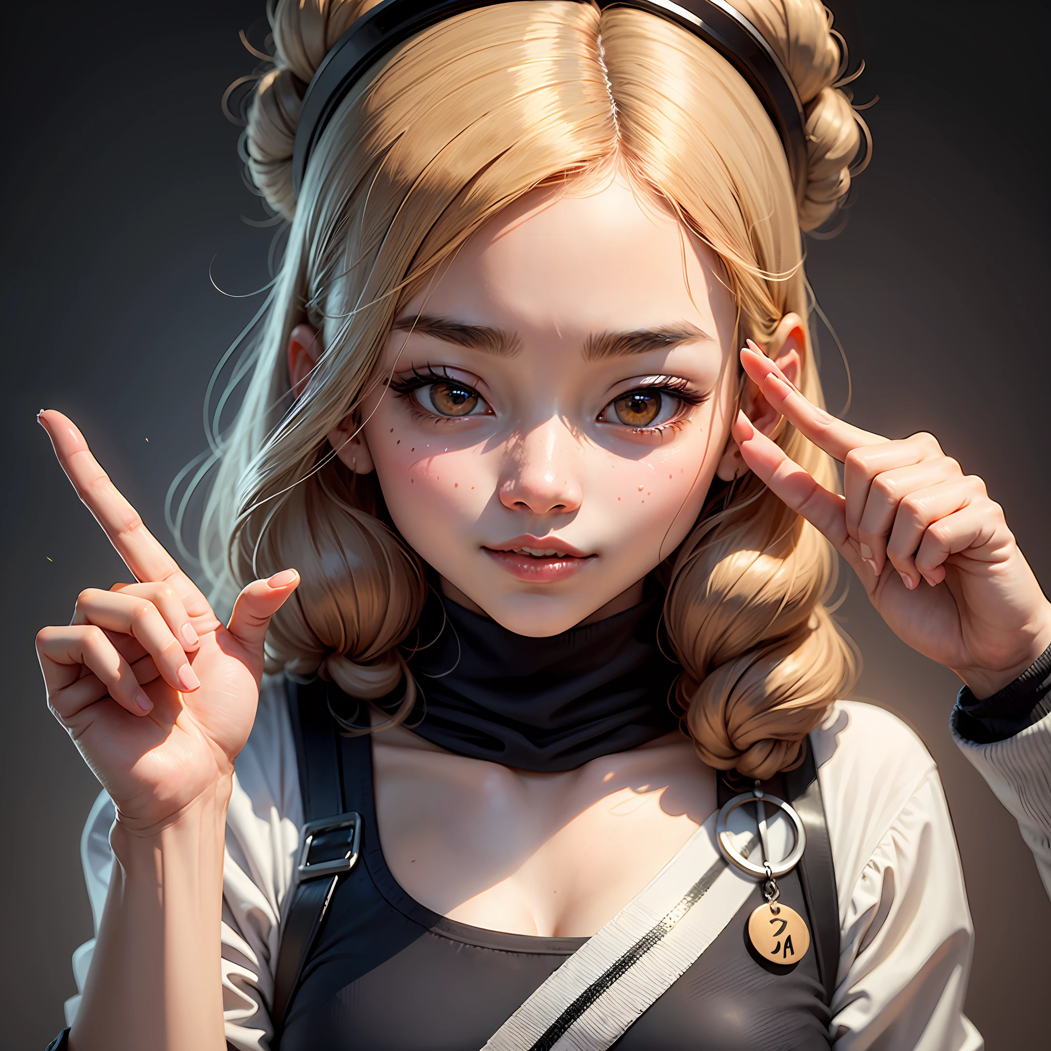 There is a young woman making a peace sign with her finger, wan adorable korean face, jaeyeon nam, Ruan cute vtuber, with cute doting eyes, She has a cute face, with cute - fine - face, cute round slanted eyes, young lovely Korean faces, Shin Jinying, lalisa manobal, with small nose --auto