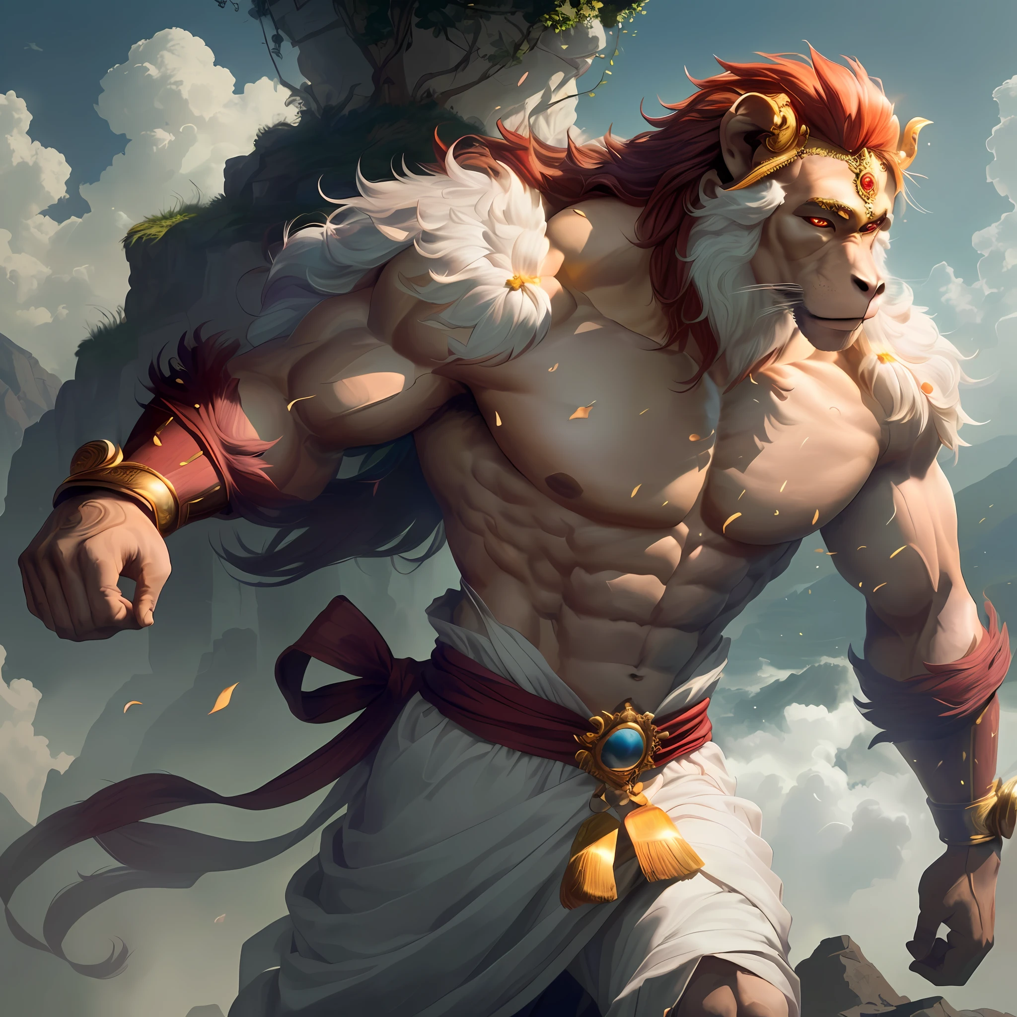The hindu god lord Hanuman. Who is leader of all monkey. The story tale from Ramayan. The huge body who is try to eat the sun. He is male. Having 6 packs , dashing personality looking stylish in mythological way. From Indian mythology. The face is combination of human and money like a god