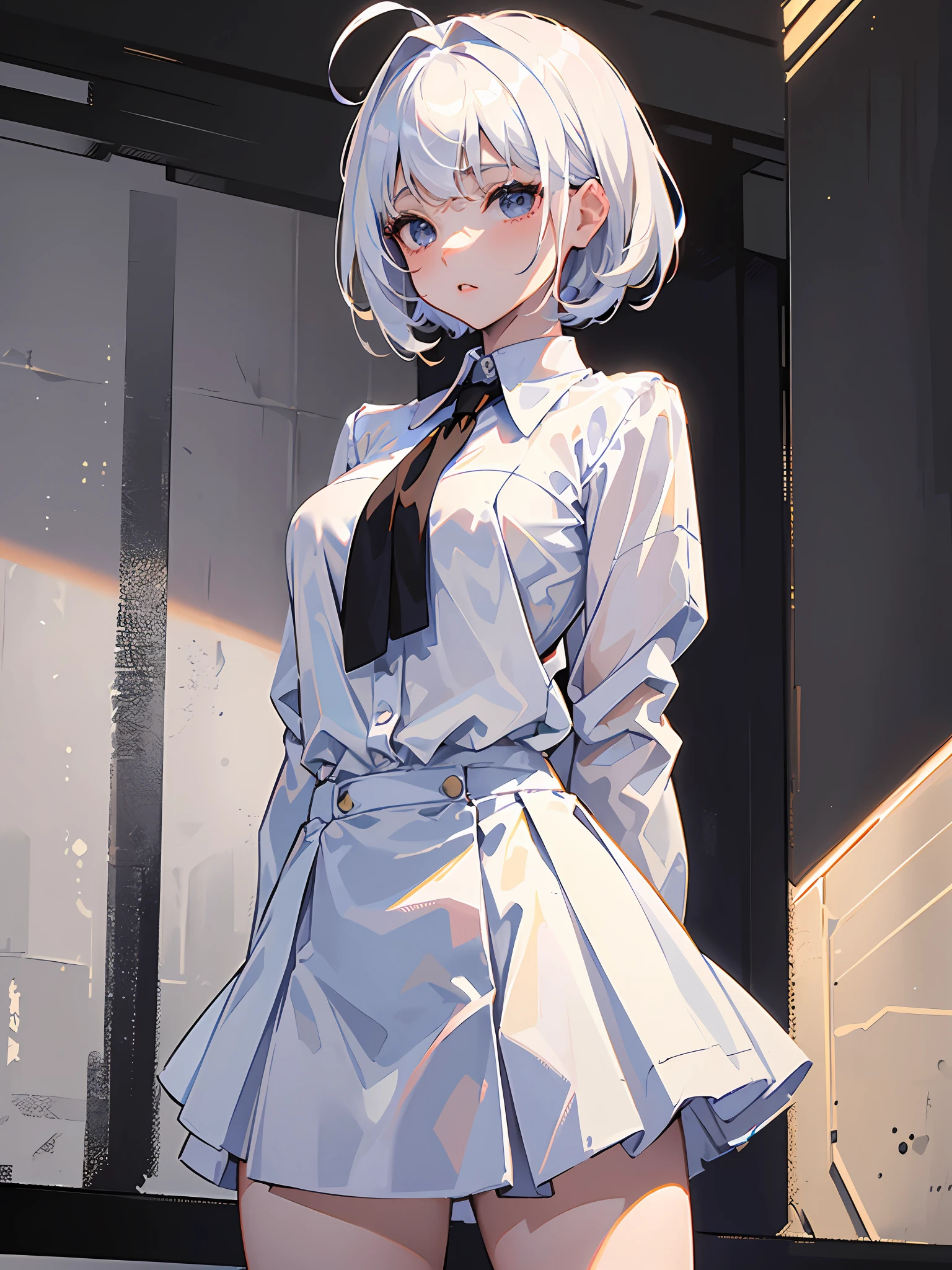 ((masterpiece, best quality)), (1girl), (solo), (female focus), (ahoge, white hair, short hair), black eyes, ((white shirt), (buttoned shirt)), ((black skirt), (short skirt)), standing, white background, arms behind back,