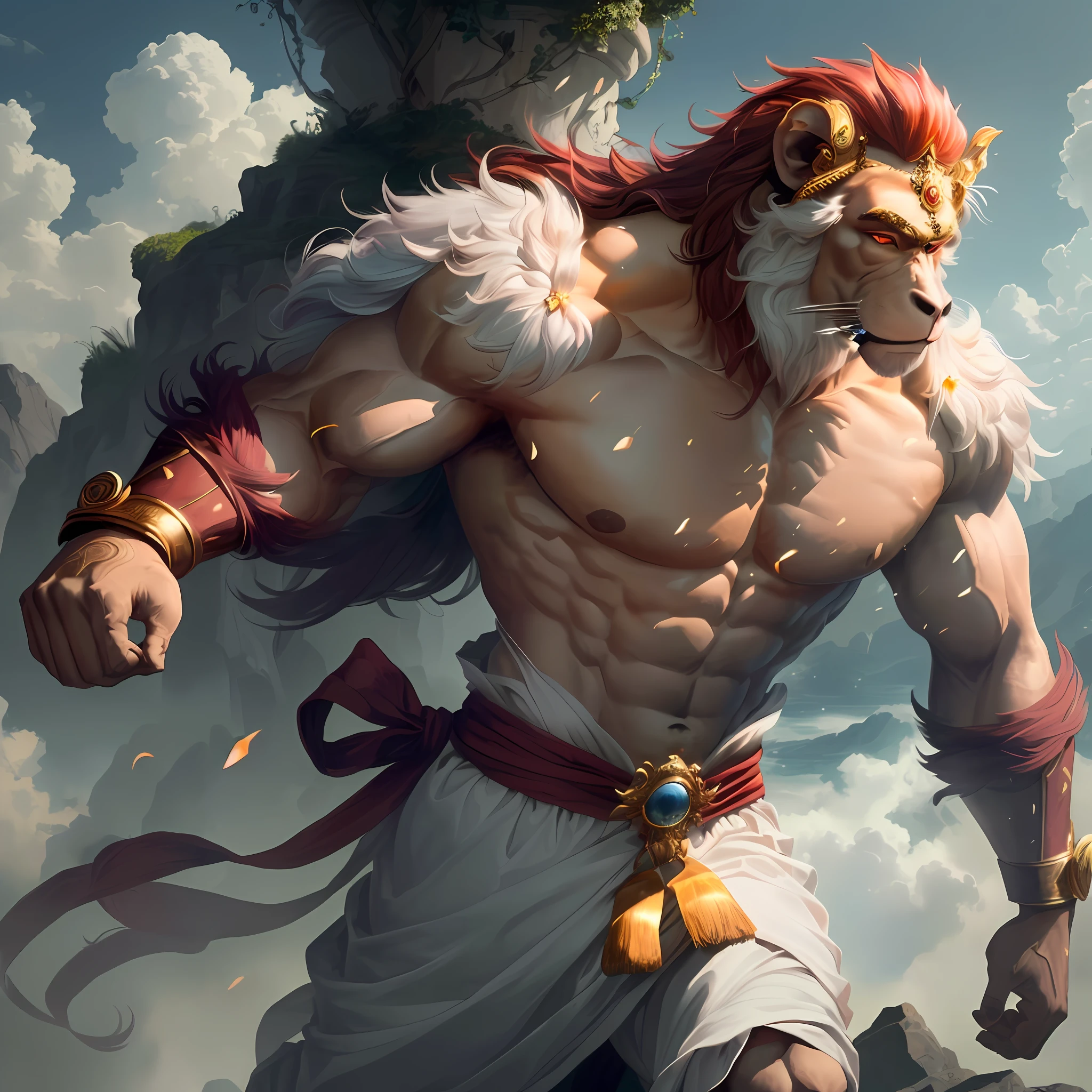 The hindu god lord Hanuman. Who is leader of all monkey. The story tale from Ramayan. The huge body who is try to eat the sun. He is male. Having 6 packs , dashing personality looking stylish in mythological way. From Indian mythology. The face is combination of human and money like a god