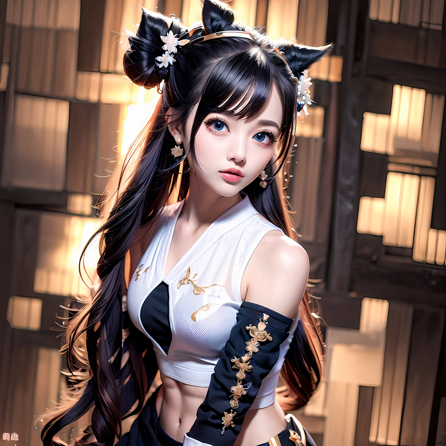 black hair, hair bobbles, wince, longeyelashes, solid circle eyes, fake animal ears, light smile, ear blush, fang, hair over shoulder, pointy ears, mole under eye, halo, tattooed girls, Surrealism, drop shadow, anaglyph, stereogram, tachi-e, pov, atmospheric perspective, anime style, three sided view, Wide-Angle, 8k, super detail, ccurate, best quality, high details, high quality, highres --auto