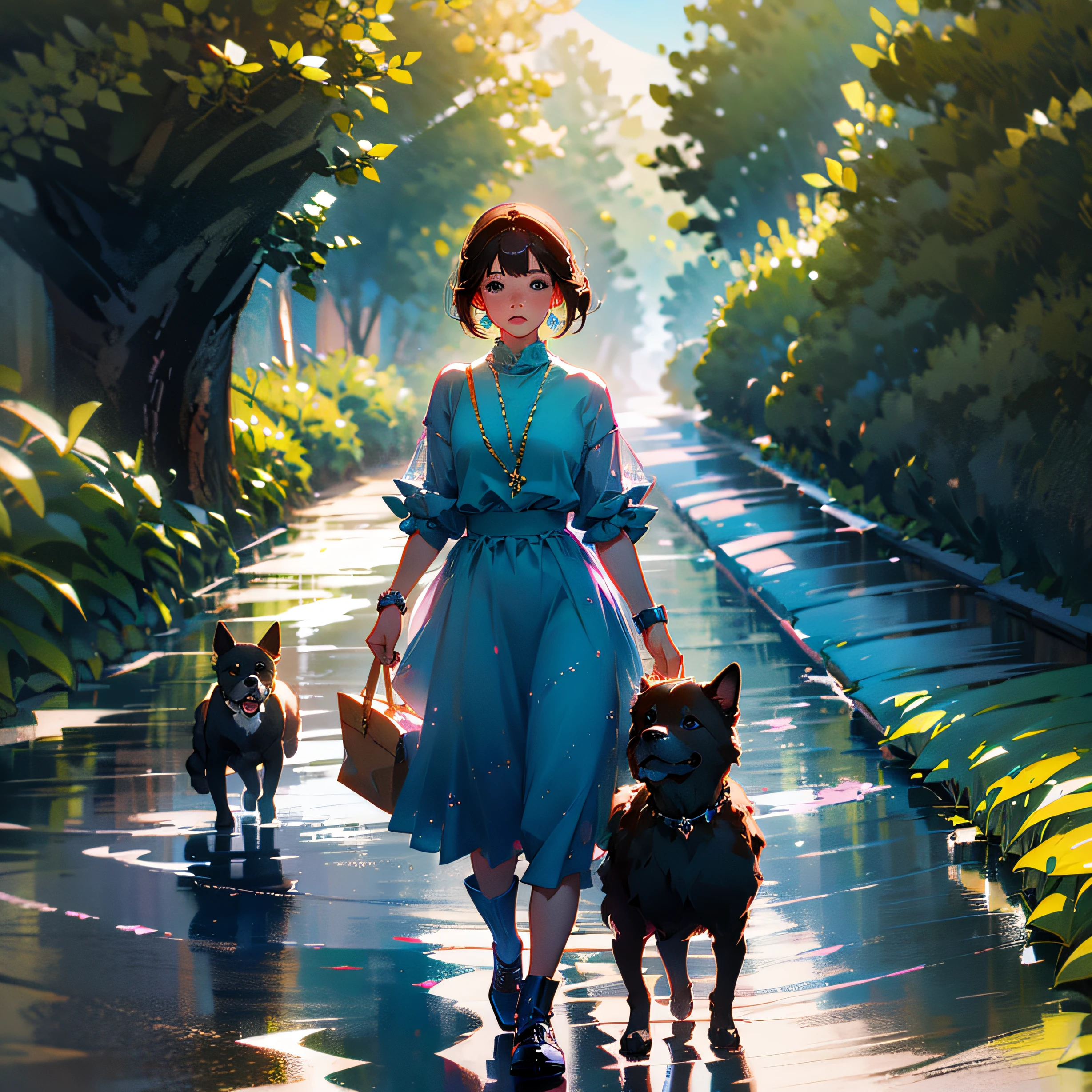 Draw a sad beauty in a white dress,Leading a dog,Long hair,urban backdrop --auto