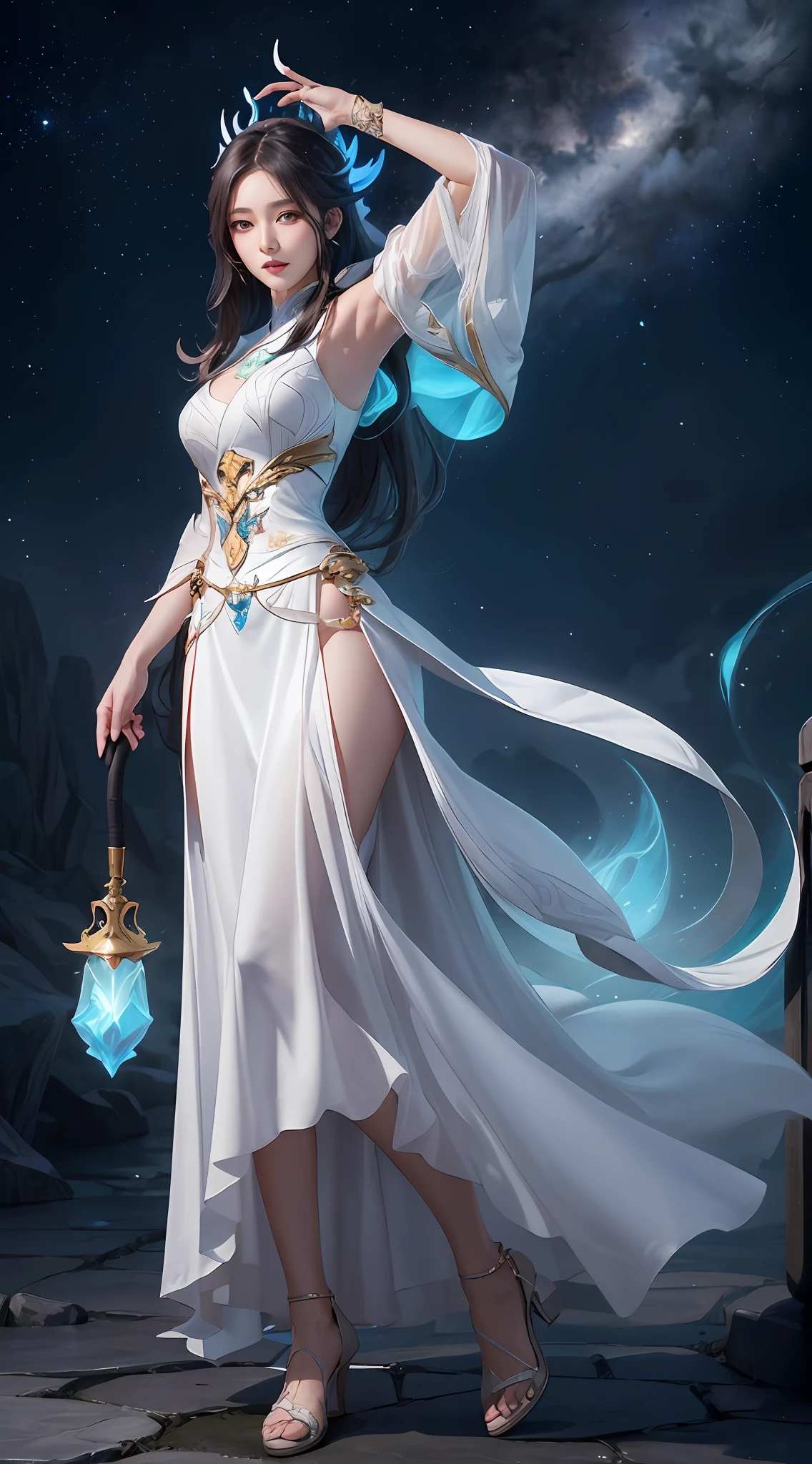 anime - style image of a woman in a white dress with long hair, full body xianxia, goddess. extremely high detail, trending on cgstation, irelia from league of legends, beautiful celestial mage, 8k high quality detailed art, irelia, astral witch clothes, highly detailed exquisite fanart, smooth anime cg art, extremely detailed goddess shot