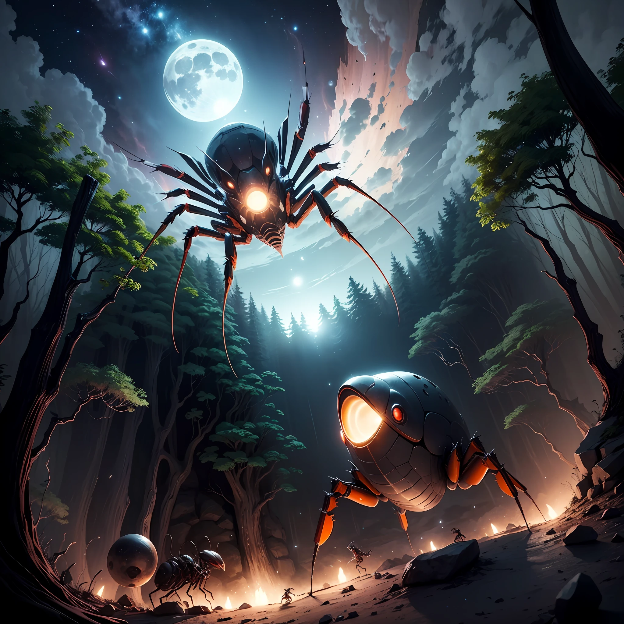 Look up at the night sky from the cave，In view is the forest and moonlight，There are big spiders and a group of big ants fighting next to them --auto