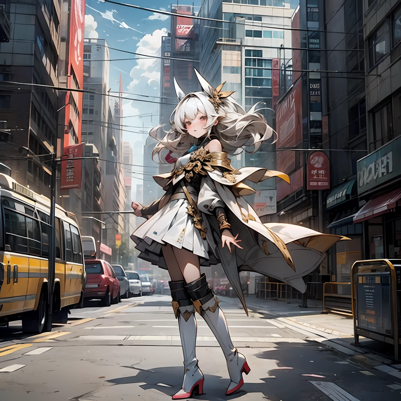 whaite hair,white skirt,cropped shoulders,Long white boots,On city tall buildings,brightly,Anime line style --auto