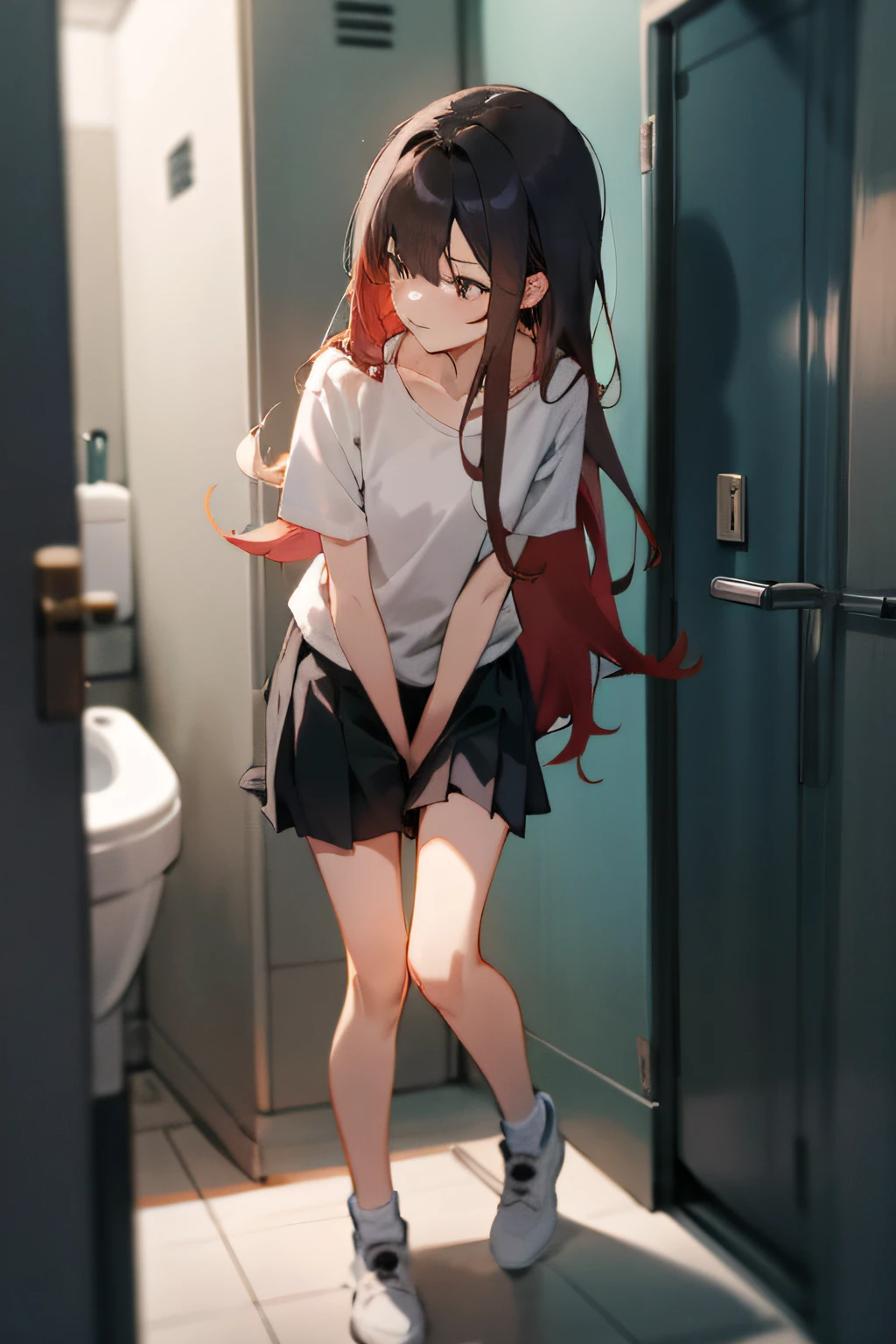 1 long hair、Girl with loose white T-shirt and black pleated short skirt，1 girl is taking to lavatory，looks away，are standing，embarressed，Be red in the face，Keep one's mouth shut，street corner（girl is peeing self：0.4）