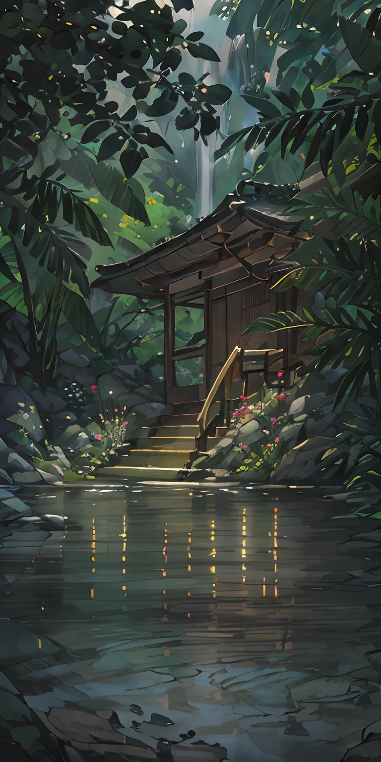 Chinese ancient times, spring, jungle, lake, cave, waterfall, tree, meadow, rock, deer, hot spring, water vapor, (illustration: 1.0), epic composition, realistic lighting, HD details, masterpiece, best quality, (very detailed CG unified 8k wallpaper)
