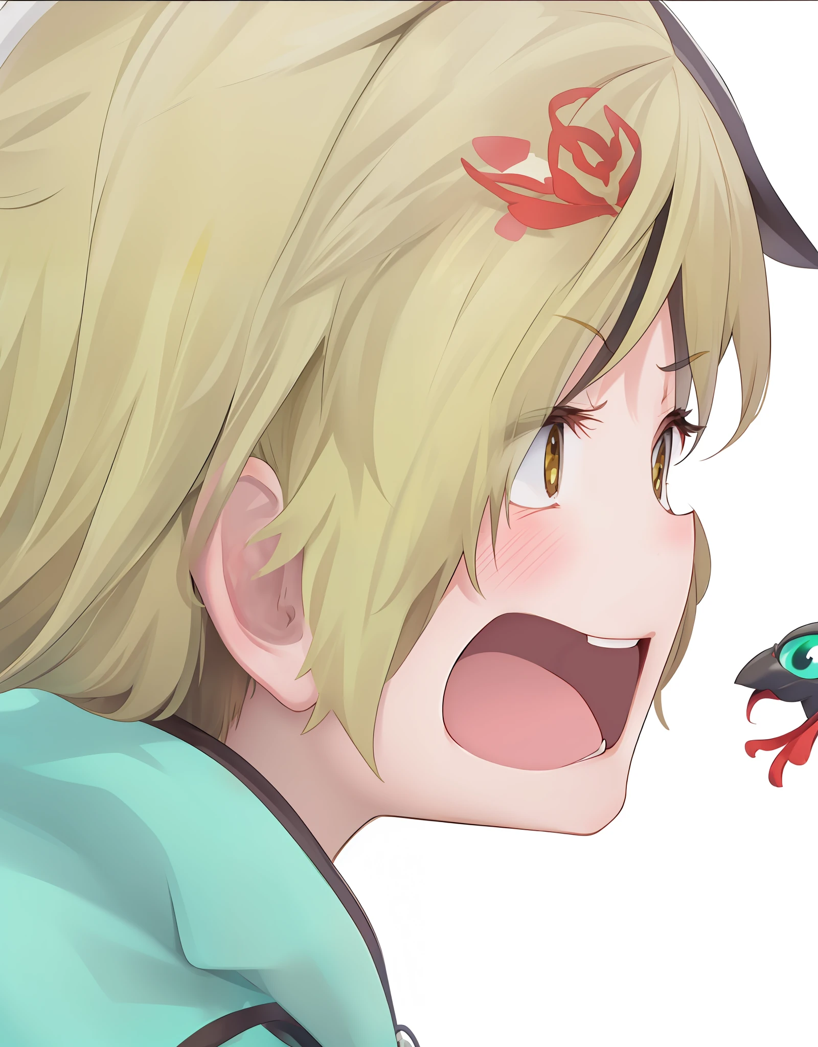 Anime boys,There is a cute little sparrow in the hair,The little boy has a Shota face, Very handsome and cute,, An angry expression, cynical face,,a little angry, ,slightly happy facial expression,Some people are soft-hearted,The shy expression made his face and ears red,Yellow hair,Shouting at others is as if refuting someone else's words,A little baby fat on the face