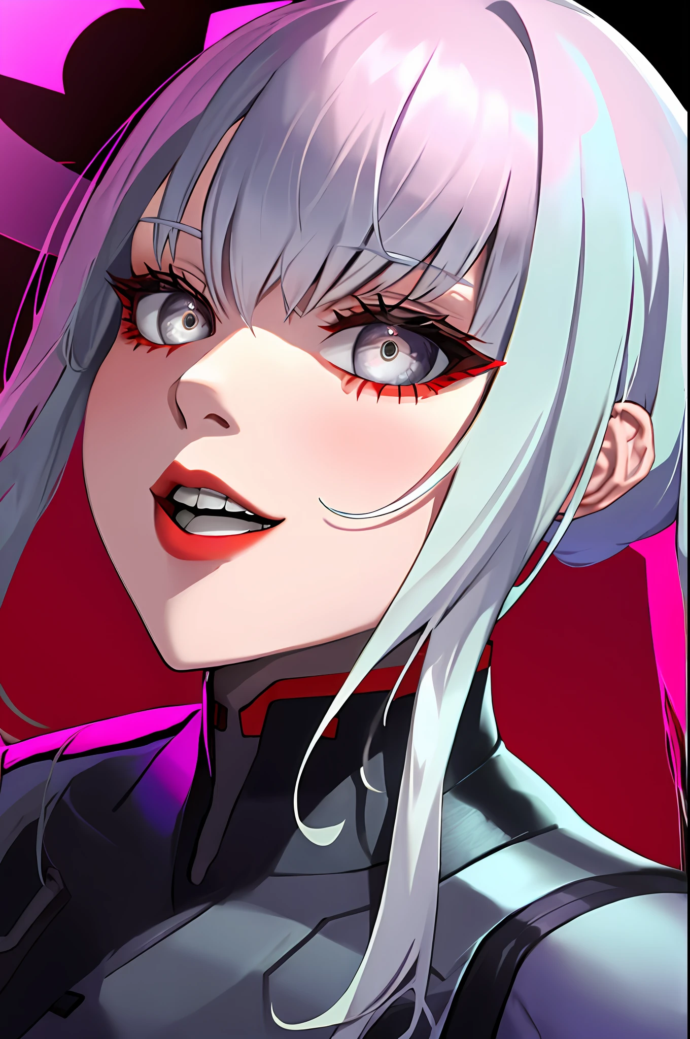 lucy \(cyberpunk\), 1girl, hair scrunchie, hime cut, silver hair, colored tips, full moon, grey eyes, jacket, long sleeves, looking at viewer, Medium hair, O cabelo multicolorido, Bangs separated, lips parted, A pink-haired, portrait, Red eyeliner, Redlip, solo, White jacket, cyber punk perssonage\(series\), Rainy night in neon-lit cyberpunk city，（huge tit:1.5）