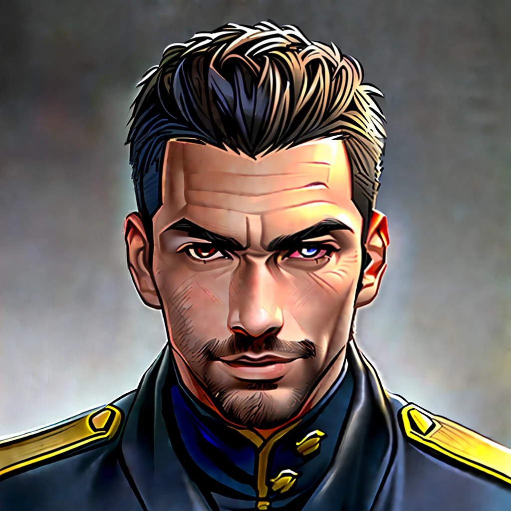 best quality, semi-realistic, a portrait of an adult man with light brown skin, thai, short black buzz cut, widow's peak, brown eyes, futuristic military uniform, smirk, detailed face, detailed eyes, (black background), (no background), masterpiece