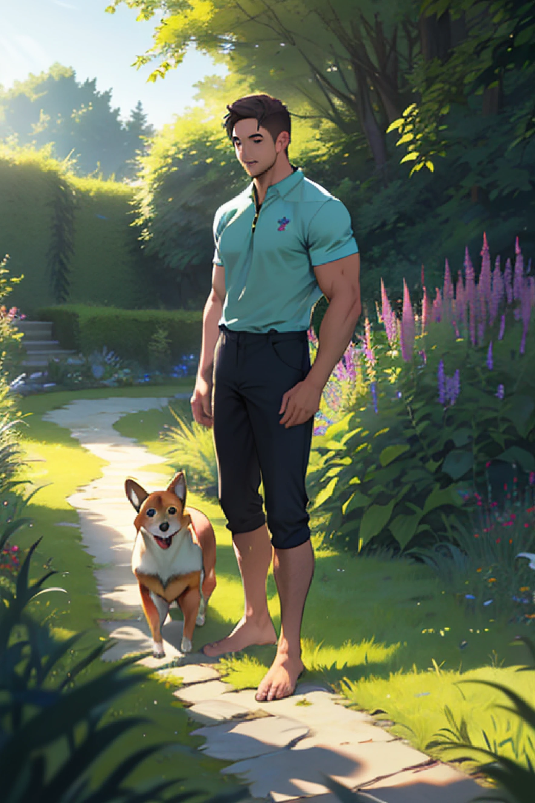 (sunny morning), outside garden, (muscular full body male) standing barefoot with his (welsh corgi), surrounded by (green plants and grasses), cheerful light, and (fresh air).