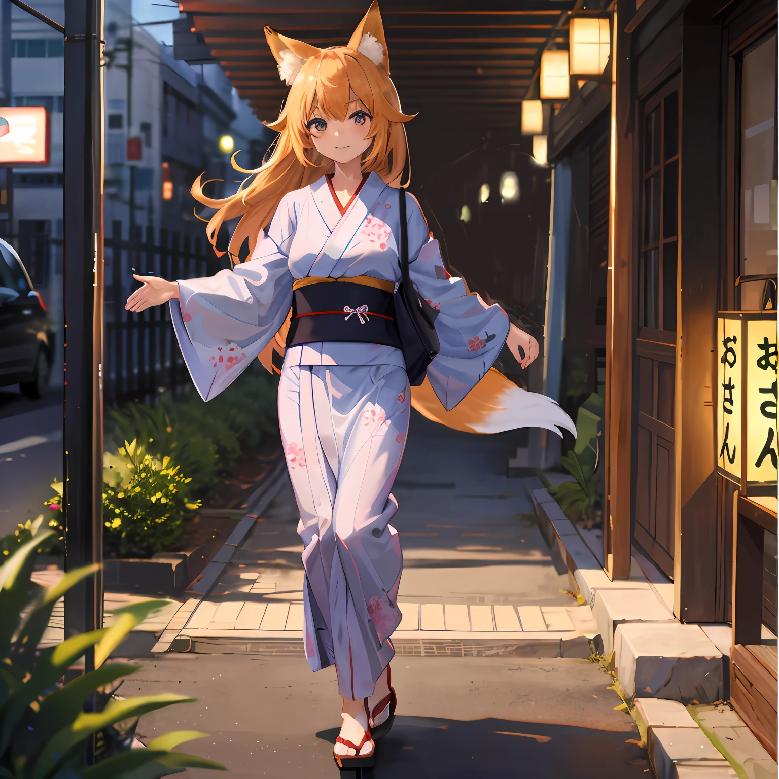 Anime girl in kimono clothes walking down the street with arms outstretched, colorful kitsune city, foxes, fox nobushi, dressed with long fluent clothes, Someone, in a kimono, in a kimono, Holo is a wolf girl, wearing a haori, Nekomimi, komono, a beautiful kitsune woman, in style of kyoto animation