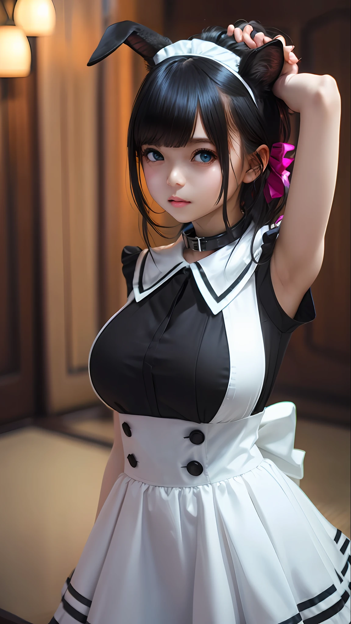 1Blittle girl，Black hair，Rabbit ears，big breasts drooping，short detailed hair，vibrancy，Collar，coda，Blue pupil，black and white maid clothes，Superskirt，4K，Glamorous，The is very detailed，tmasterpiece，the detail，Teary eyes，Blood ，long leges ，seductiv ，Pure desire --auto