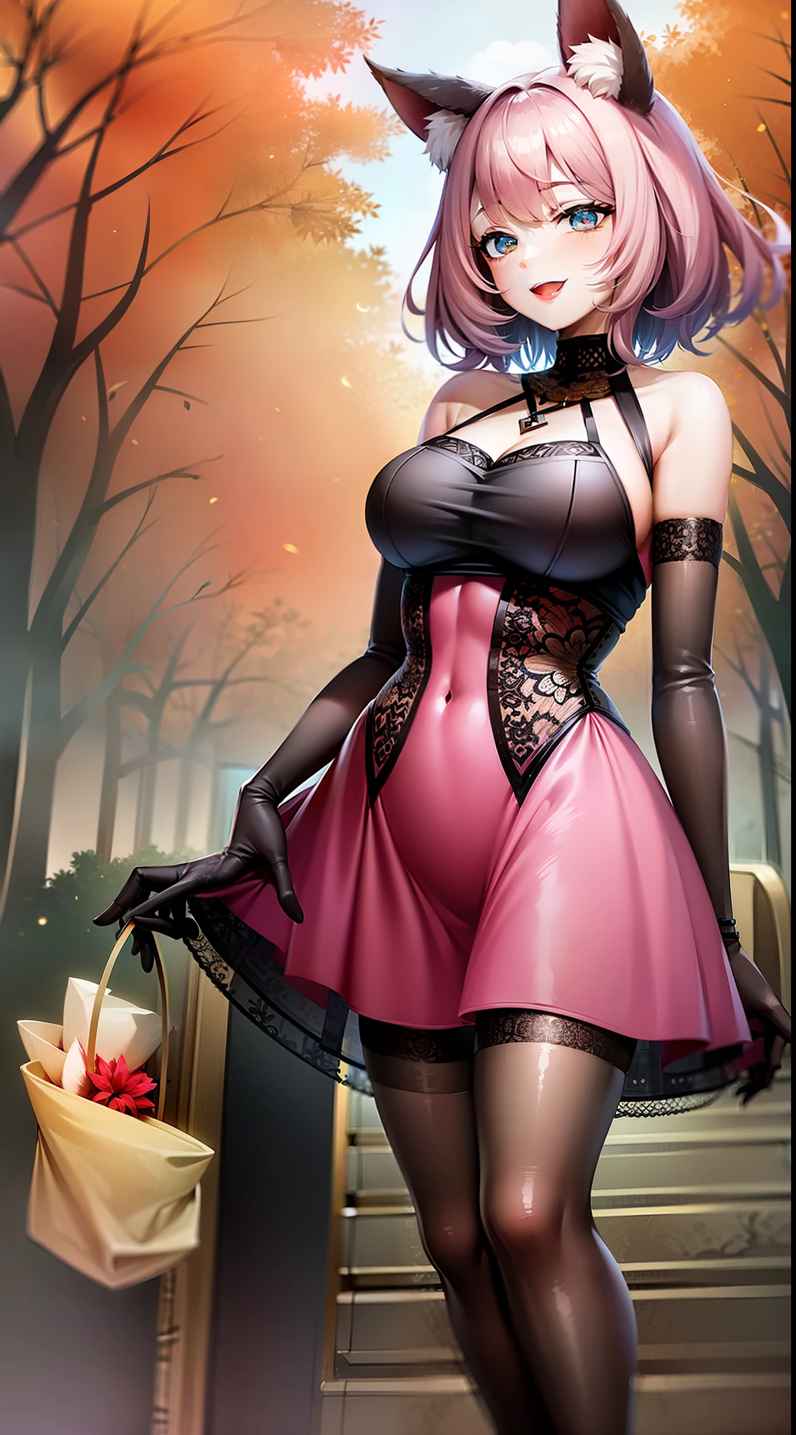 Adult woman, short pink hair, Fox ears, Fox tails, colorful eyes, tight dress, ssmile, Masterpiece, hiquality