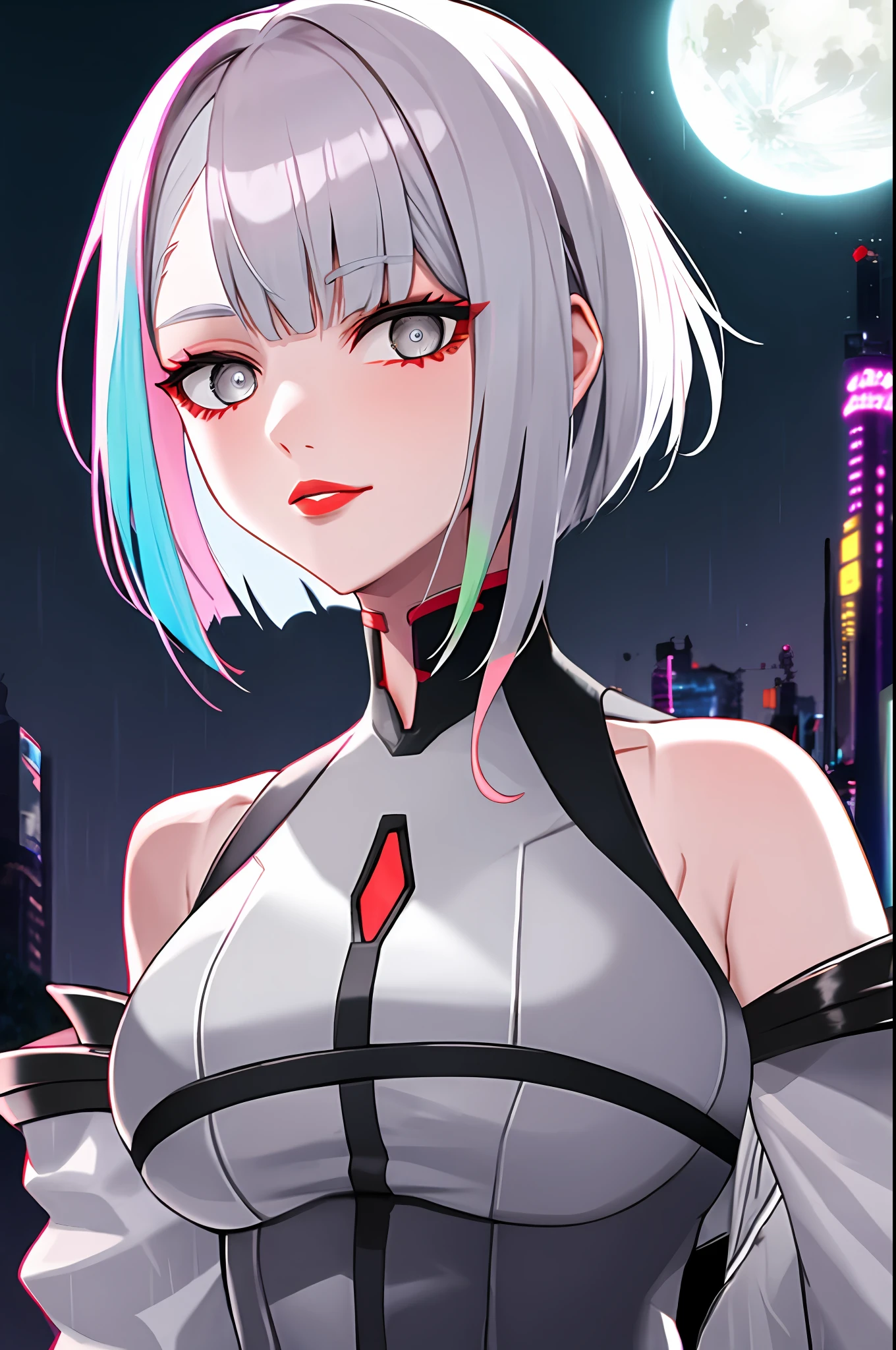 lucy \(cyberpunk\), 1girl, hair scrunchie, hime cut, silver hair, colored tips, full moon, grey eyes, jacket, long sleeves, looking at viewer, Medium hair, O cabelo multicolorido, Bangs separated, lips parted, A pink-haired, portrait, Red eyeliner, Redlip, solo, White jacket, cyber punk perssonage\(series\), Rainy night in neon-lit cyberpunk city，（huge tit:1.5）