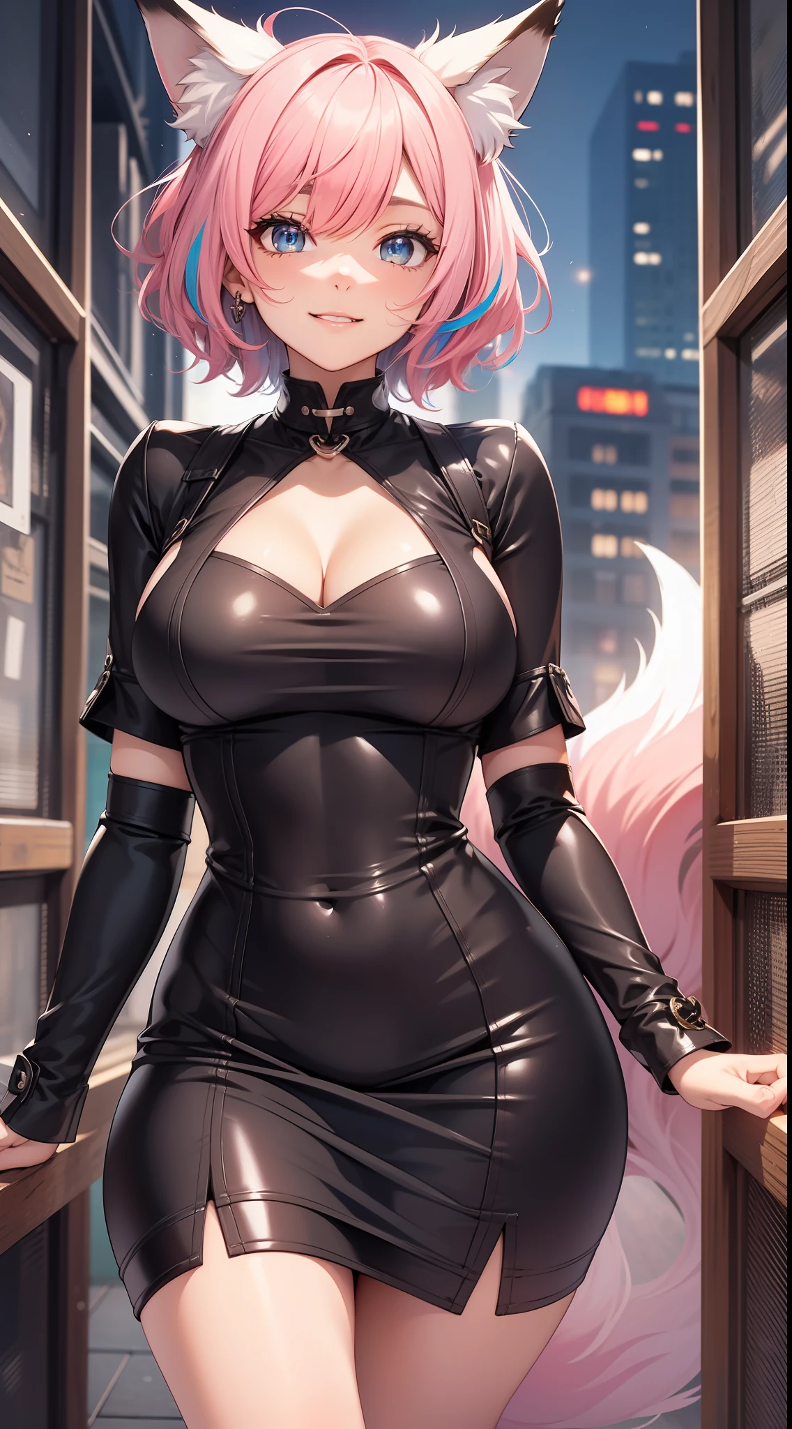 Adult woman, short pink hair, Fox ears, Fox tails, colorful eyes, tight dress, ssmile, Masterpiece, hiquality