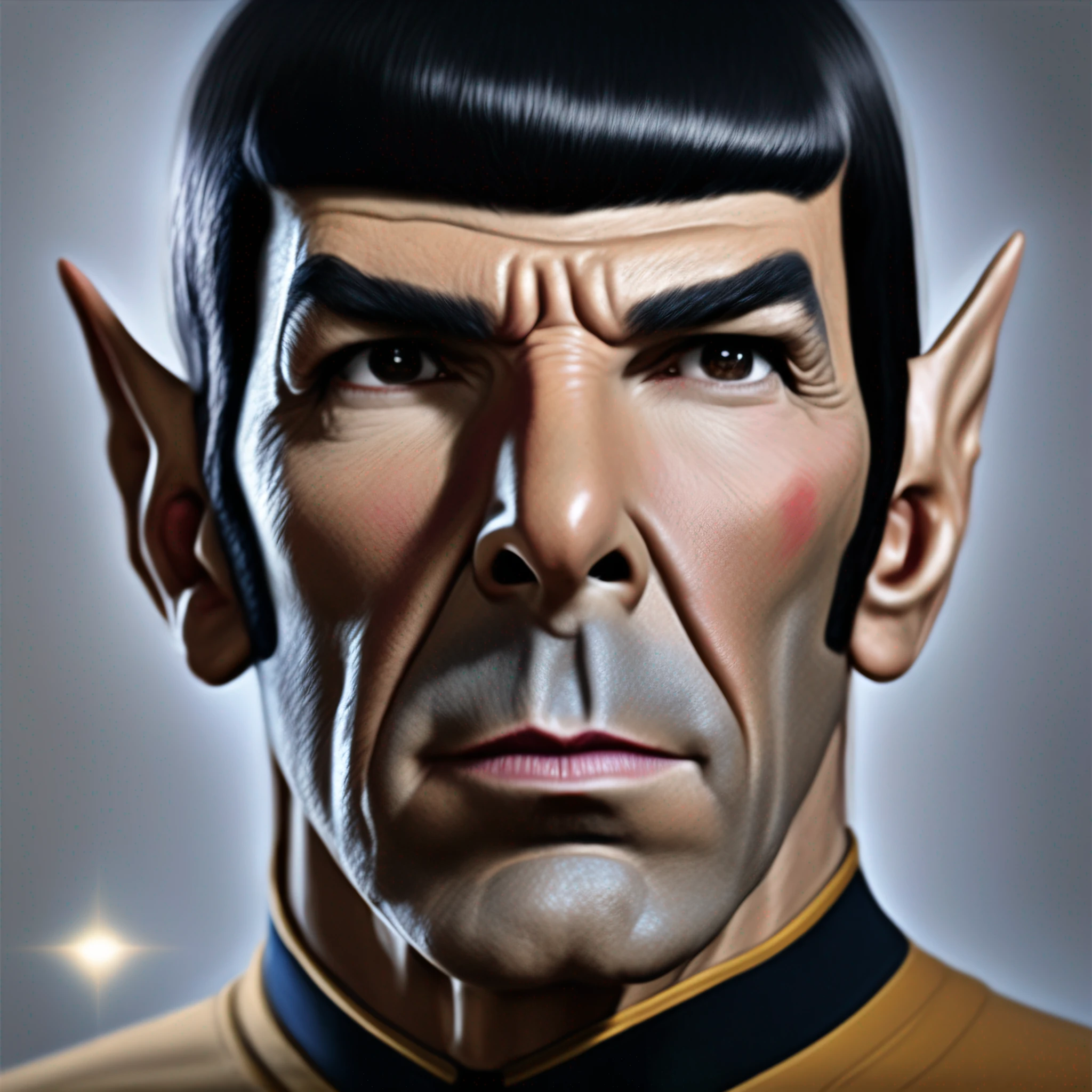 create a portrait of commander Spock, intrinsic details, masterpiece, hyper realistic , hd , 8k